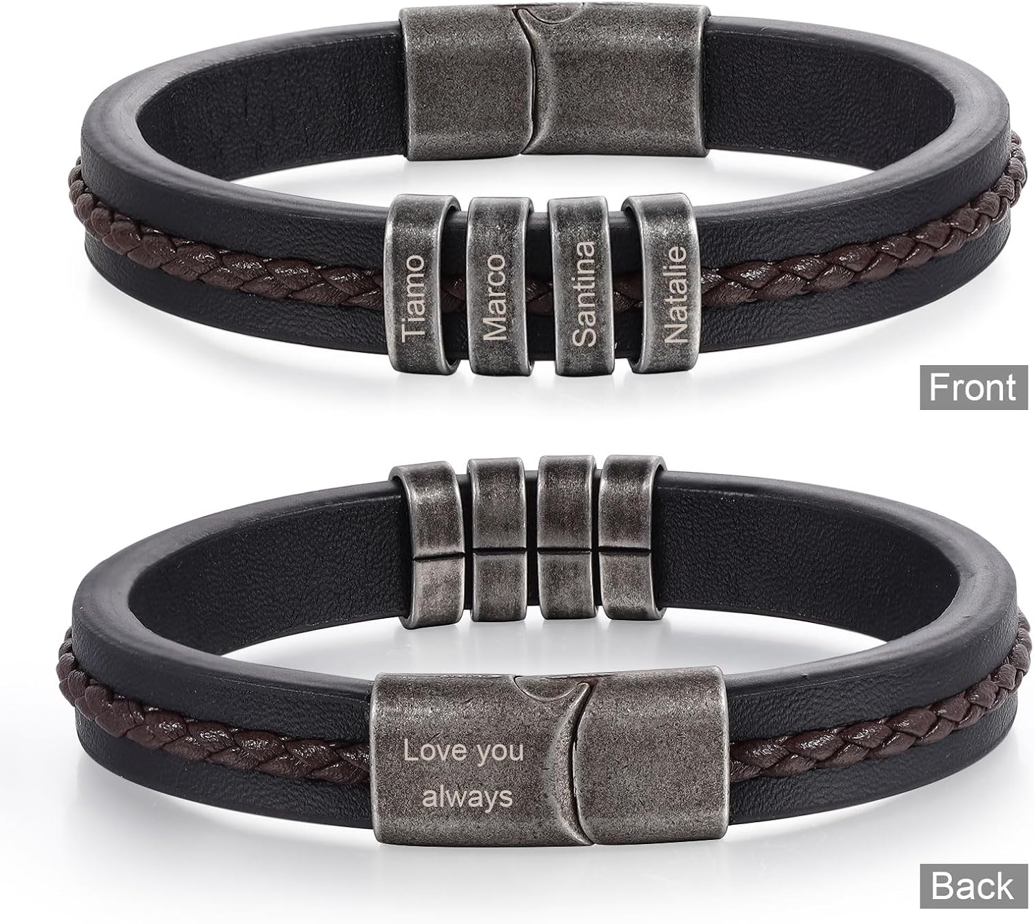 Personalized Custom Name Bracelets for Men - Mens Leather Bracelet with 2-5 Kids Names Customized Gifts for Dad Husband Son - Image 5