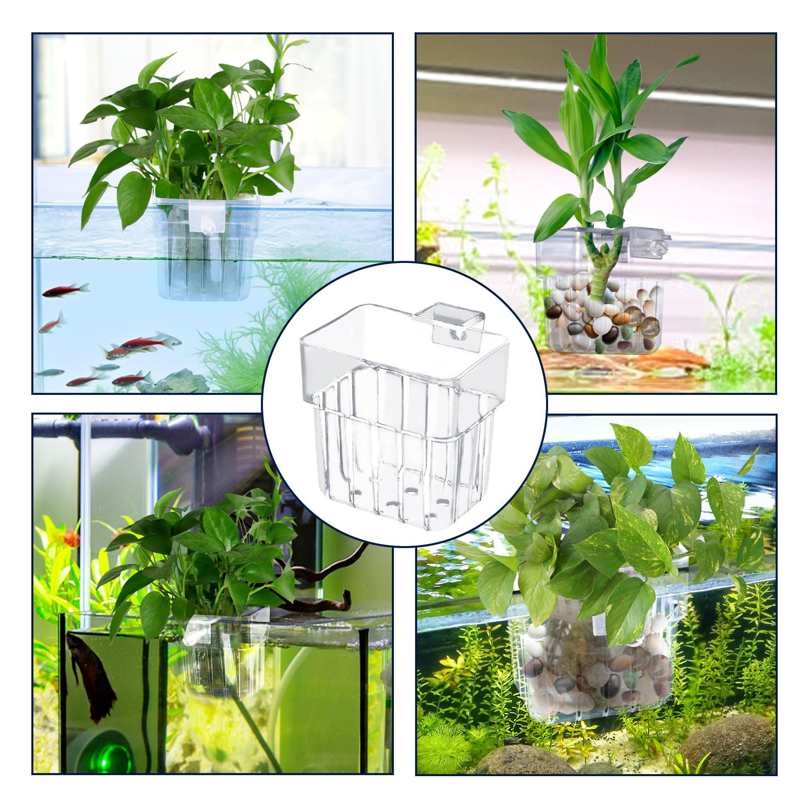 Gosknor 4 Piezas de Soportes para Plantas de Acuario, Macetas de Plástico Transparente con Cesta Colgante para Hidropónicas de Pecera