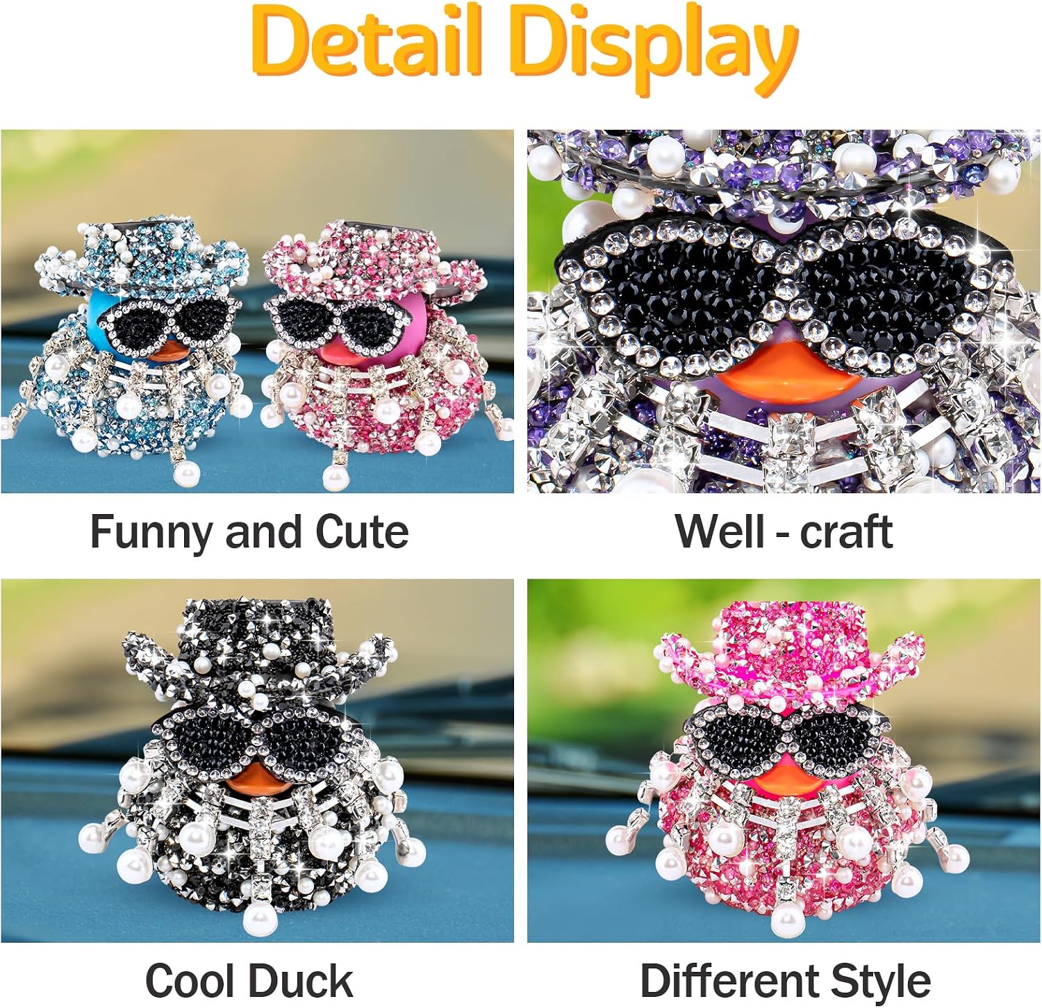 wonuu Diamond Rubber Duck Car Ornaments Dashboard Decorations for Cute Car Accessories Tiered Pearl Rhinestone Fringe Choker, Purple