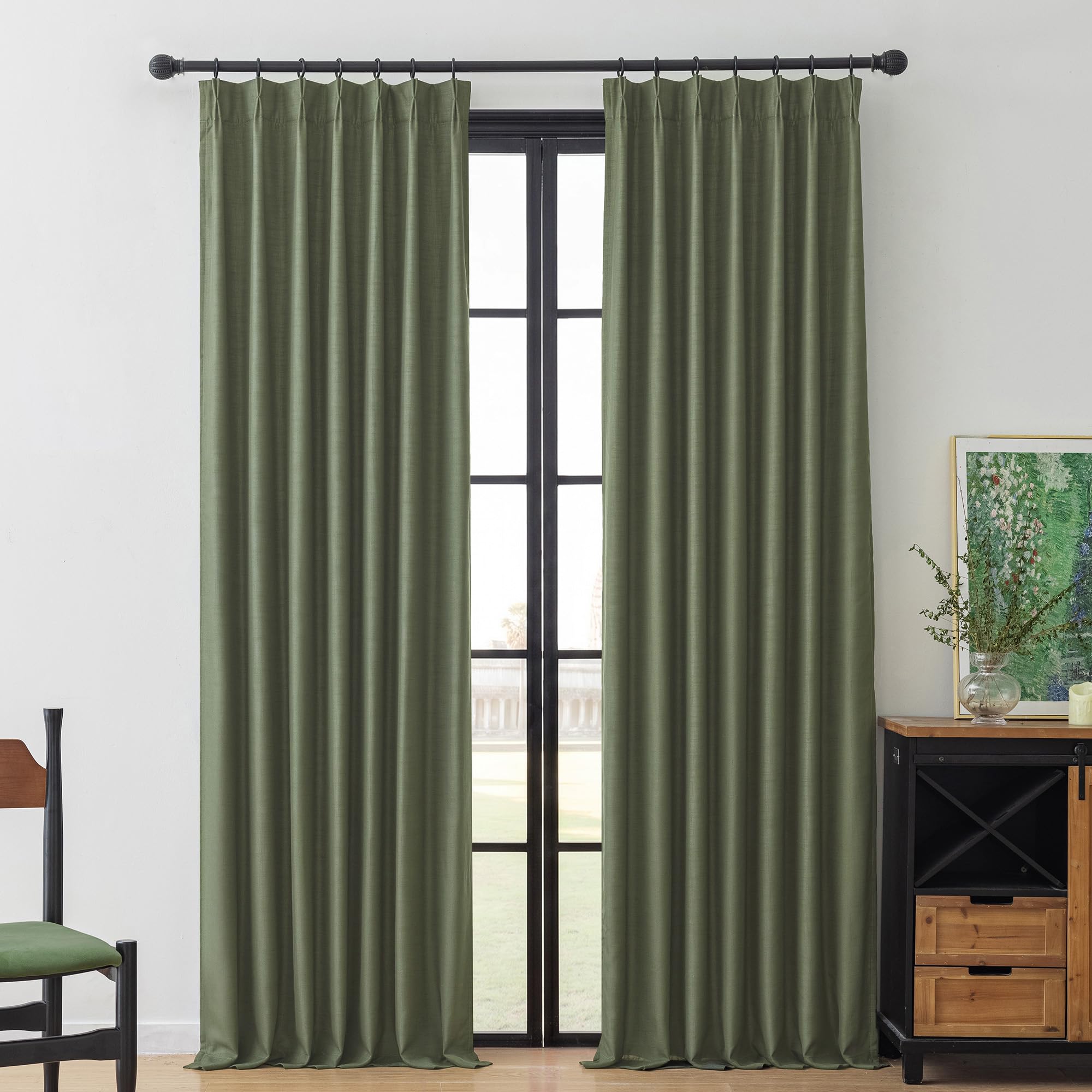 MYSKY HOME Olive Green Linen Pinch Pleated 100% Blackout Curtains 40Wx108L
