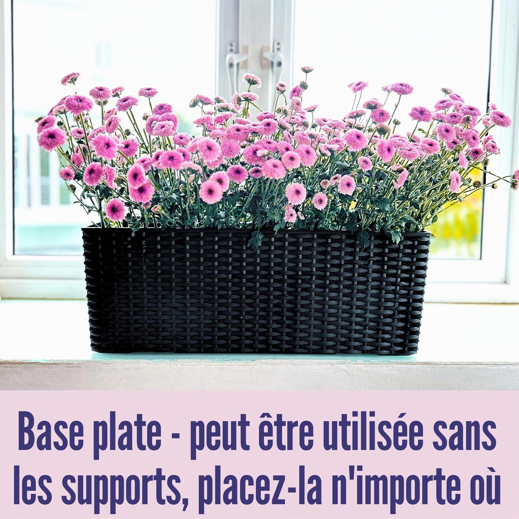 LaLaGreen Lot de 2 grands pots de fleurs rectangulaires pour balcon à arrosage automatique avec supports, clôture en plastique avec motif rotin, 50,8 cm, noir