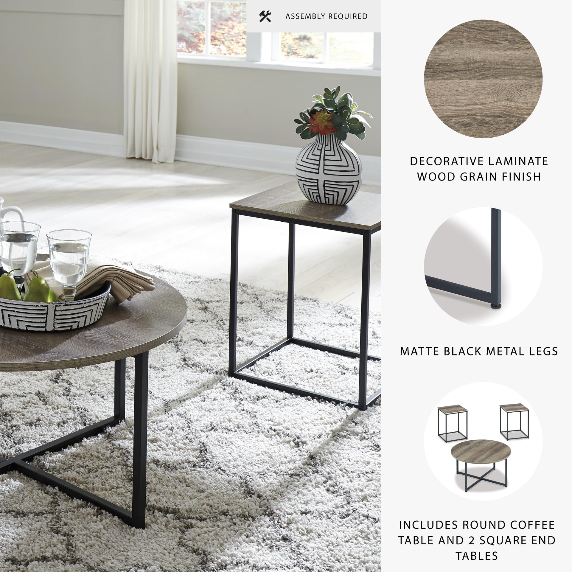 Signature Design by Ashley 3-Piece Living Room Coffee and End Table Set | Round coffee and square end tables Laminate engineered wood Dark metallic frames Contemporary style Wadeworth Series product thumbnail 6
