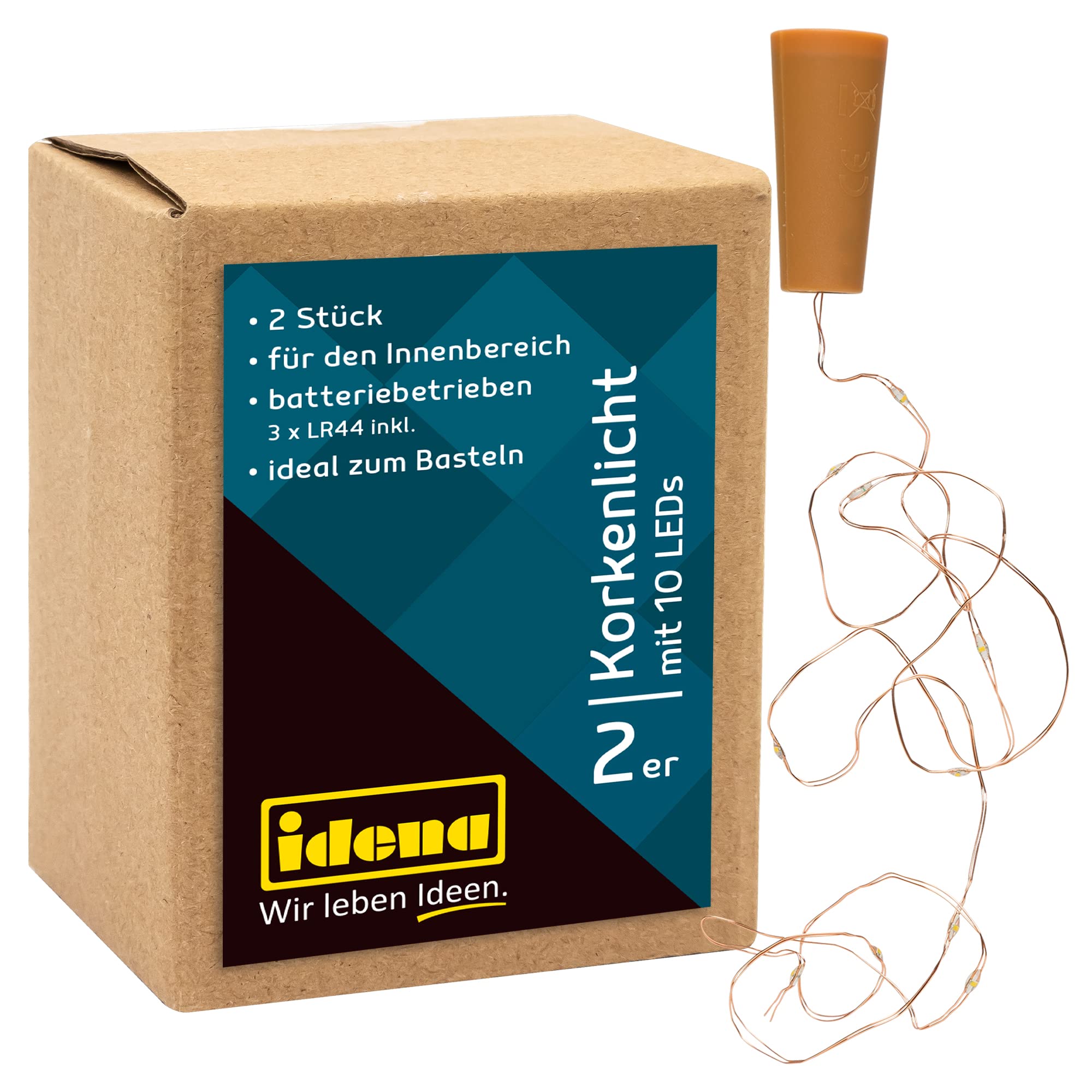 Idena 31091 - Microcadena de luces con 10 LEDs en blanco cálido, 2 piezas, cable de cobre con corcho, pilas incluidas, cada una 0,97 m de longitud, como decoración y para bodas, fiestas, Navidad