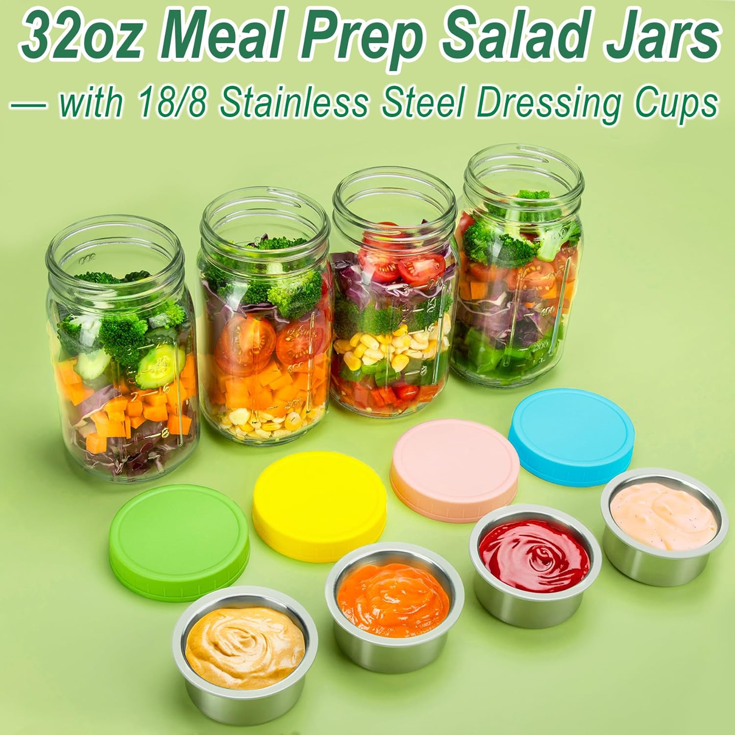 KTKUDY 4 Pack 32 oz Glass Salad Jars with Dressing Cups (Pod) - Meal Prep Salad Container for Lunch - Leakproof Mason Jars with Lids - Image 2