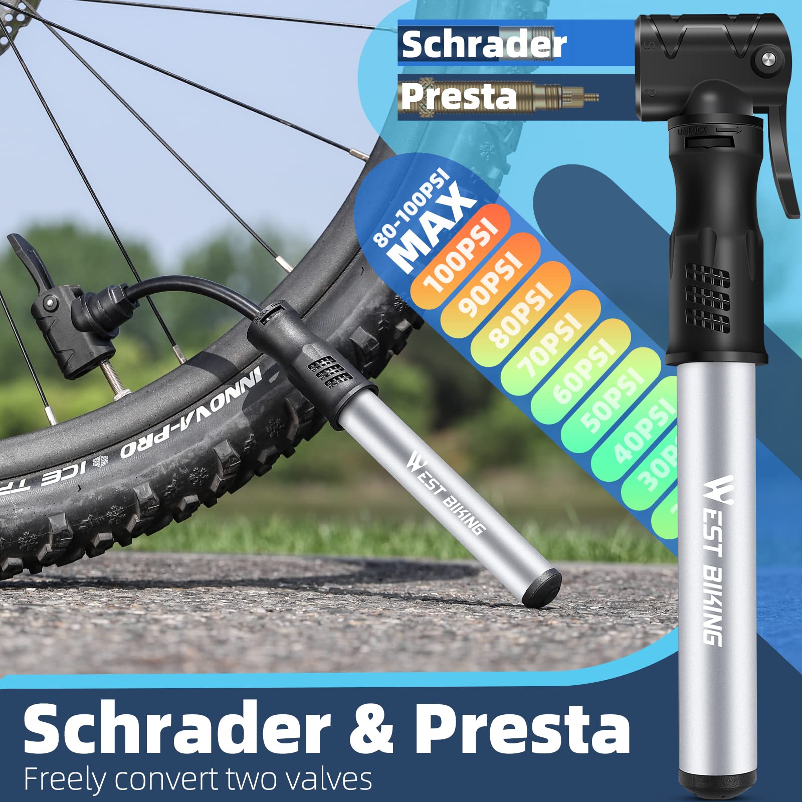 Bicycle Pump Mini Bike Pump - Aluminum Alloy Cycle Pump for Presta & Schrader Valve, Portable Lightweight Bike Tyre Pump Fast Tyre Inflation Mini Air Pump for Mountain Road Bike Ball Pump