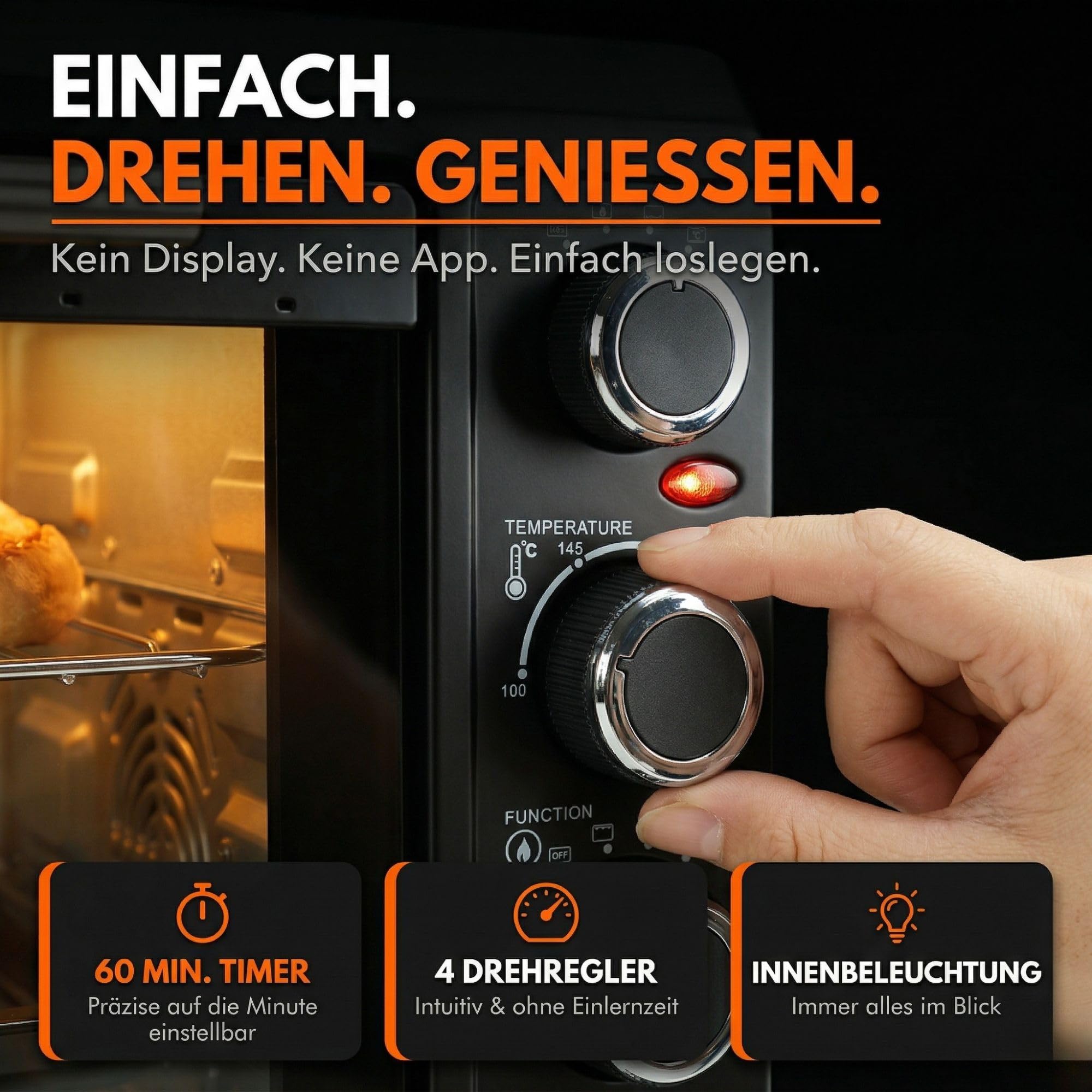 Sommertal Minibackofen 45L mit Drehspieß & Umluft, 2000W, 100–230°C, 60 Min Timer, Hähnchengrill Backofen, Mini Backofen 45 Liter mit Konvektion, Backen, Grillen & Pizza, inkl. 7-tlg Zubehör