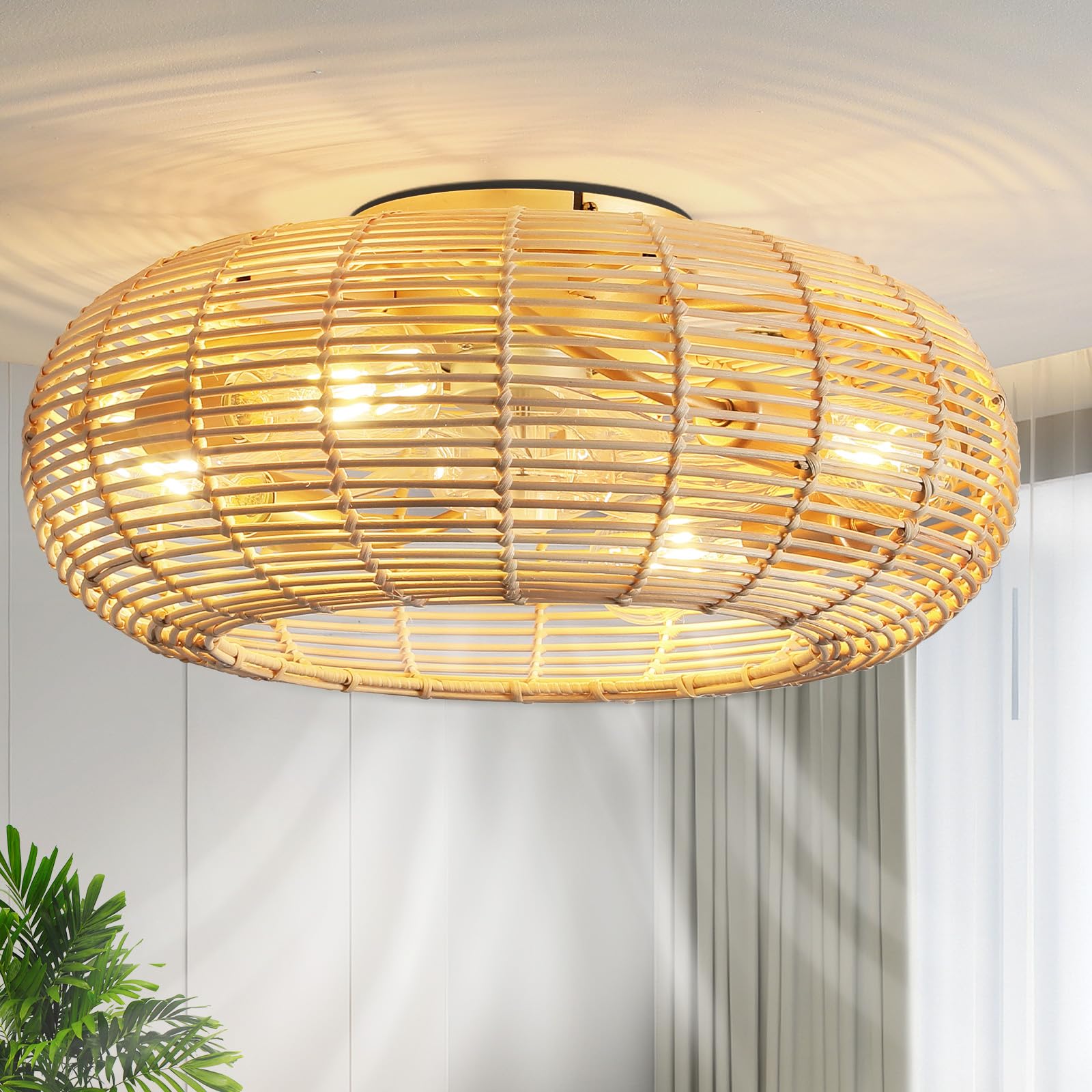 20" Caged Ceiling Fan with Light and Remote, Boho Ceiling Fan with Light Flush Mount Rattan Fandelier Bedroom Ceiling Fans Low Profile, 6 Speed, Reversible for Living Room, Kitchen (4*E26 Base)