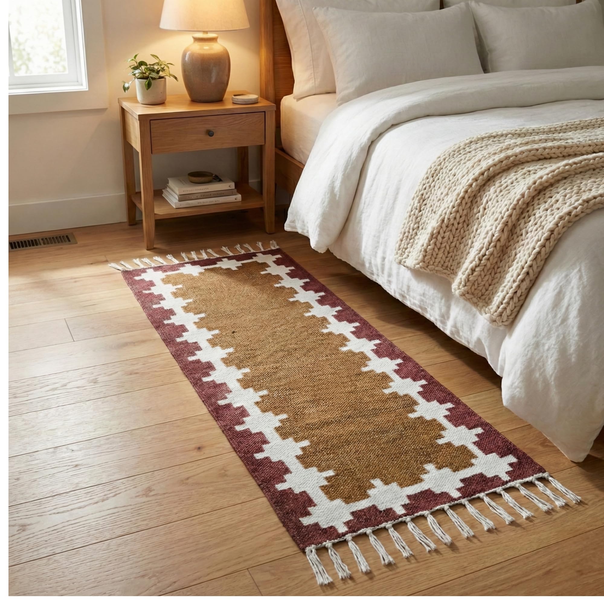 100% Natural Cotton Hand Woven Bedside Runner Rug, Carpet for Living Room, Bedroom & Hallway 2x5 Feet or 60cm x 150cm-(Brown Beige)-image-9