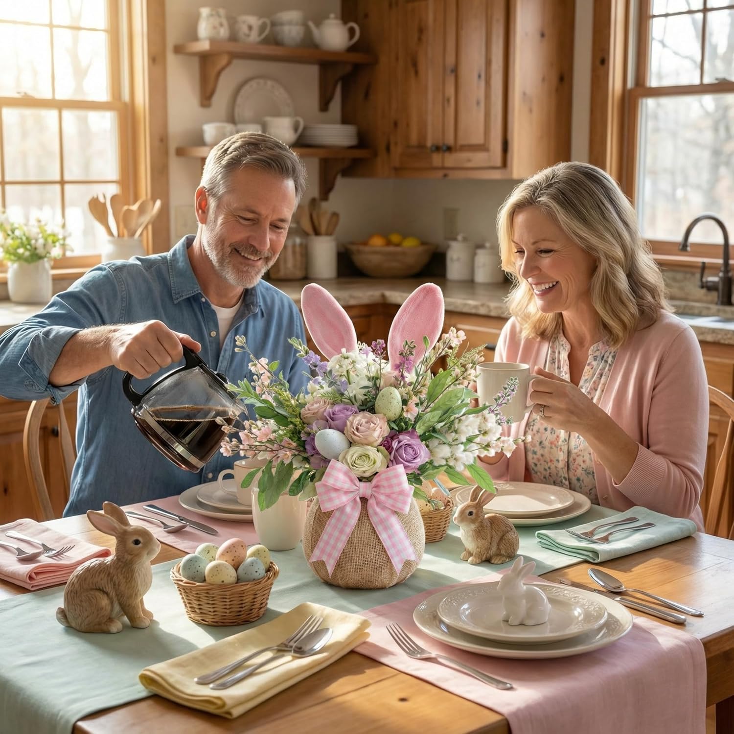 Novabright Easter Table Centerpieces Spring Artificial Flower Bunny Ear Easter Vase Table Decoration Spring Eggs Pastel Tabletop Flower Arrangement with Bow for Wedding Party Office Home Decoration