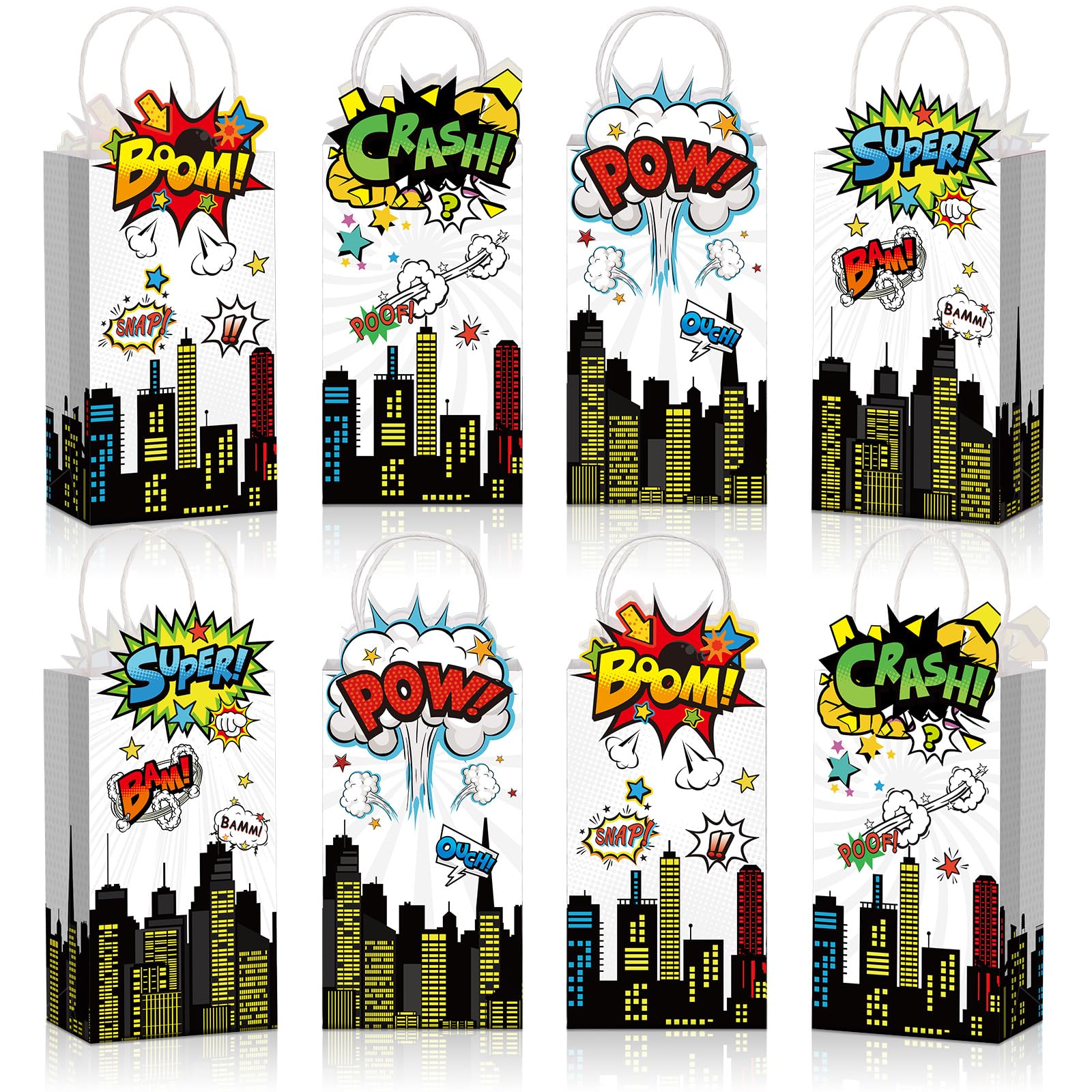 Kolldenn 24pcs Hero Party Favors Bags bulk with Handles Comic Boom Kraft Paper Goodie Gift Bags for Birthday Party Supplies Baby Shower Decorations