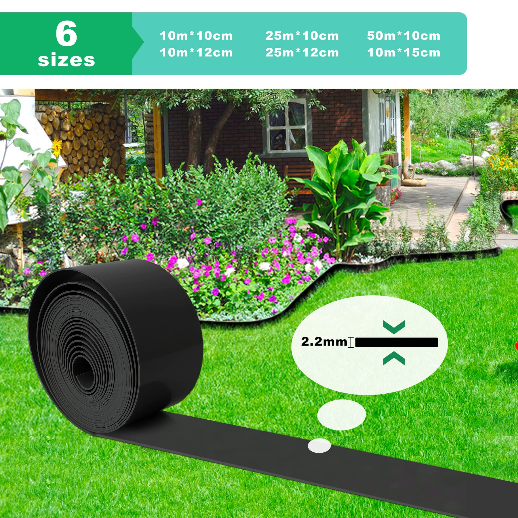 Forever Speed Borde de césped Plástico 2,2 mm Rollo Plástico Liso Borde de Cama Borde de césped Borde de Cama Negro 25m x 10cm