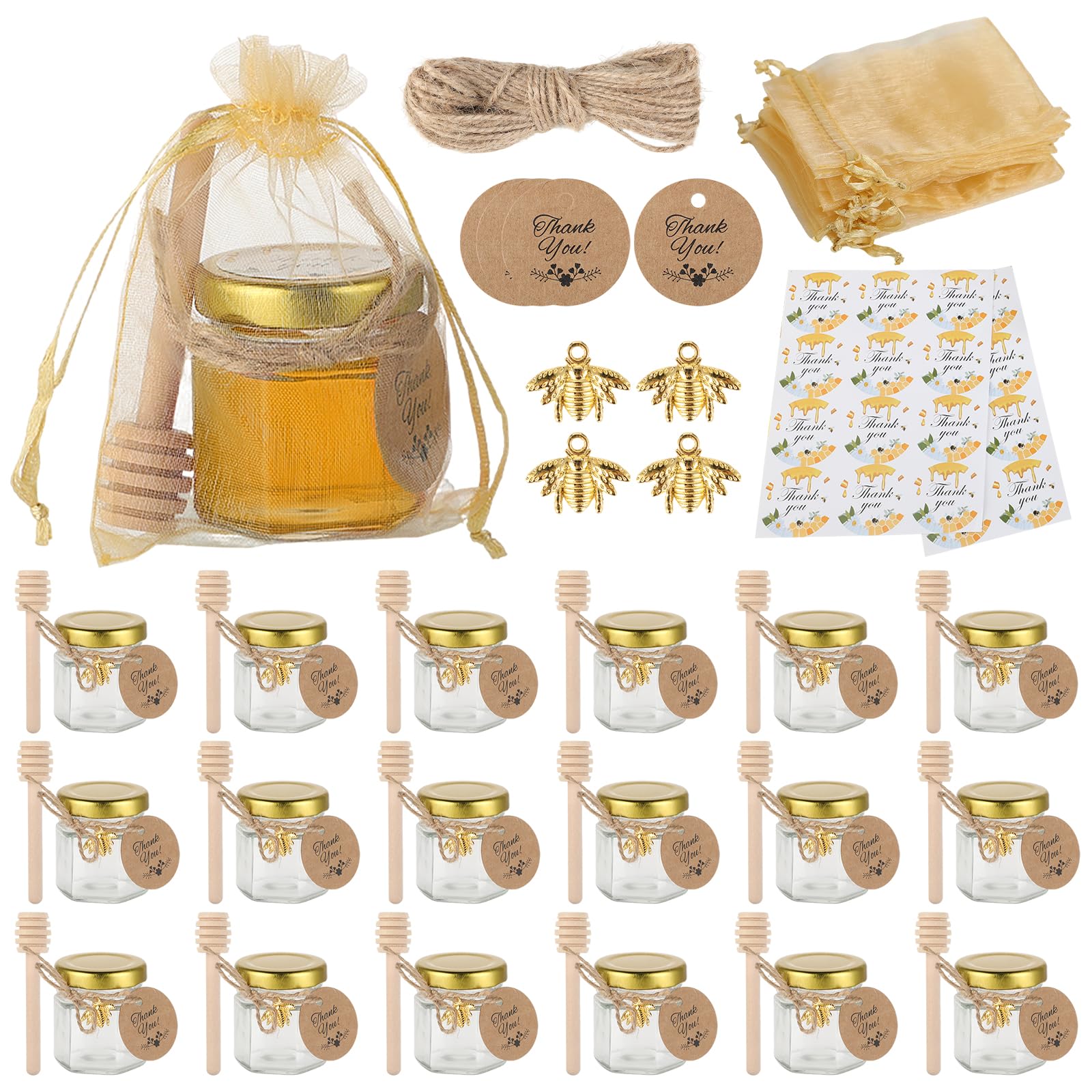 20 Pack 45ml Mini Vasetti per Miele Esagonali in Vetro, con Mestolo in Legno, Carte, Ciondolo a Forma di Ape, Ciocche di Canapa, Perfetto per baby shower, nozze e bomboniere di festa