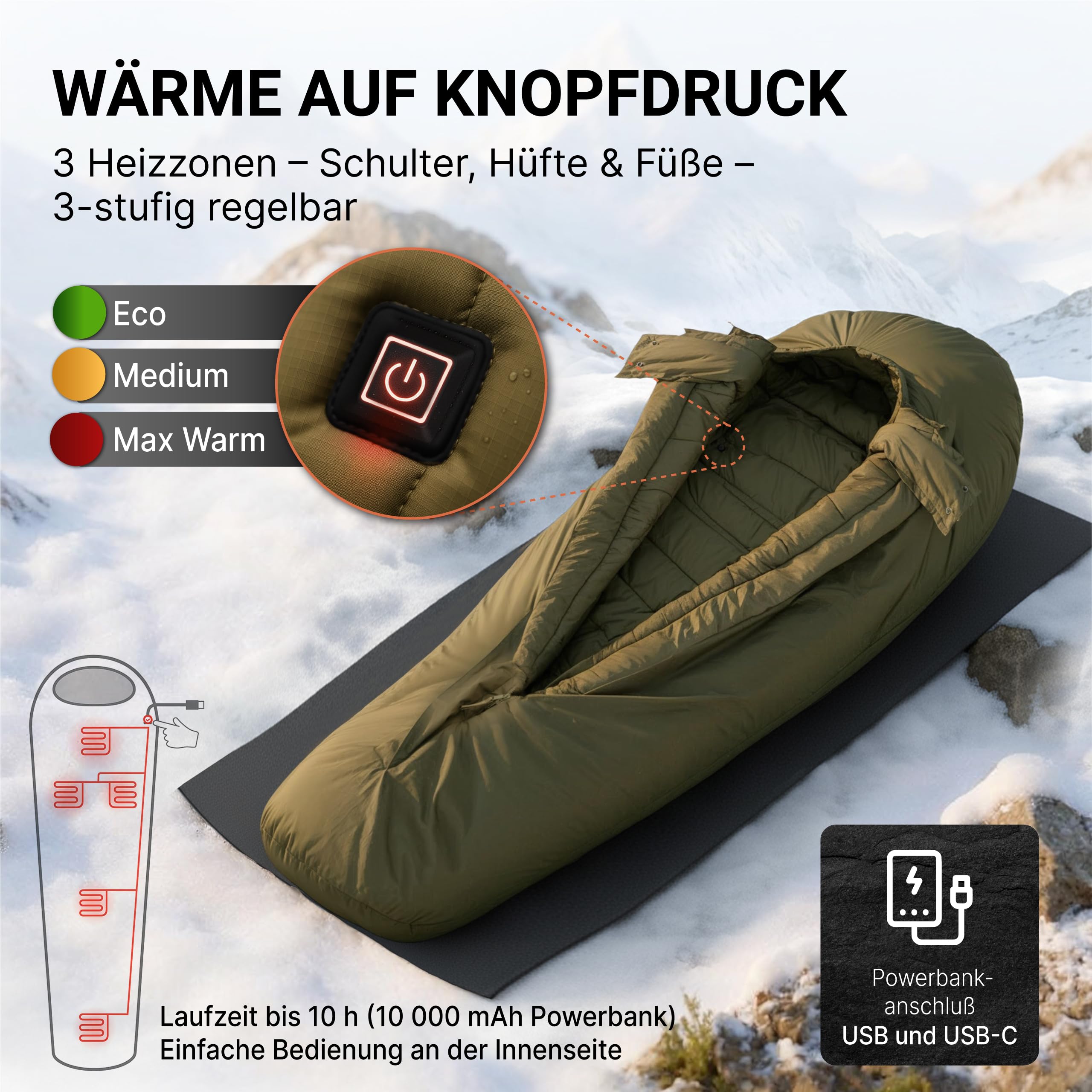 EXPLORER Beheizbarer Schlafsack | Protector 220 | (3-Stufen Heizung) | XXL Winterschlafsack 220x80cm | Extrem bis -32,9°C (450GSM) | BW Military Biwak Olivgrün für Camping, Angeln & Survival