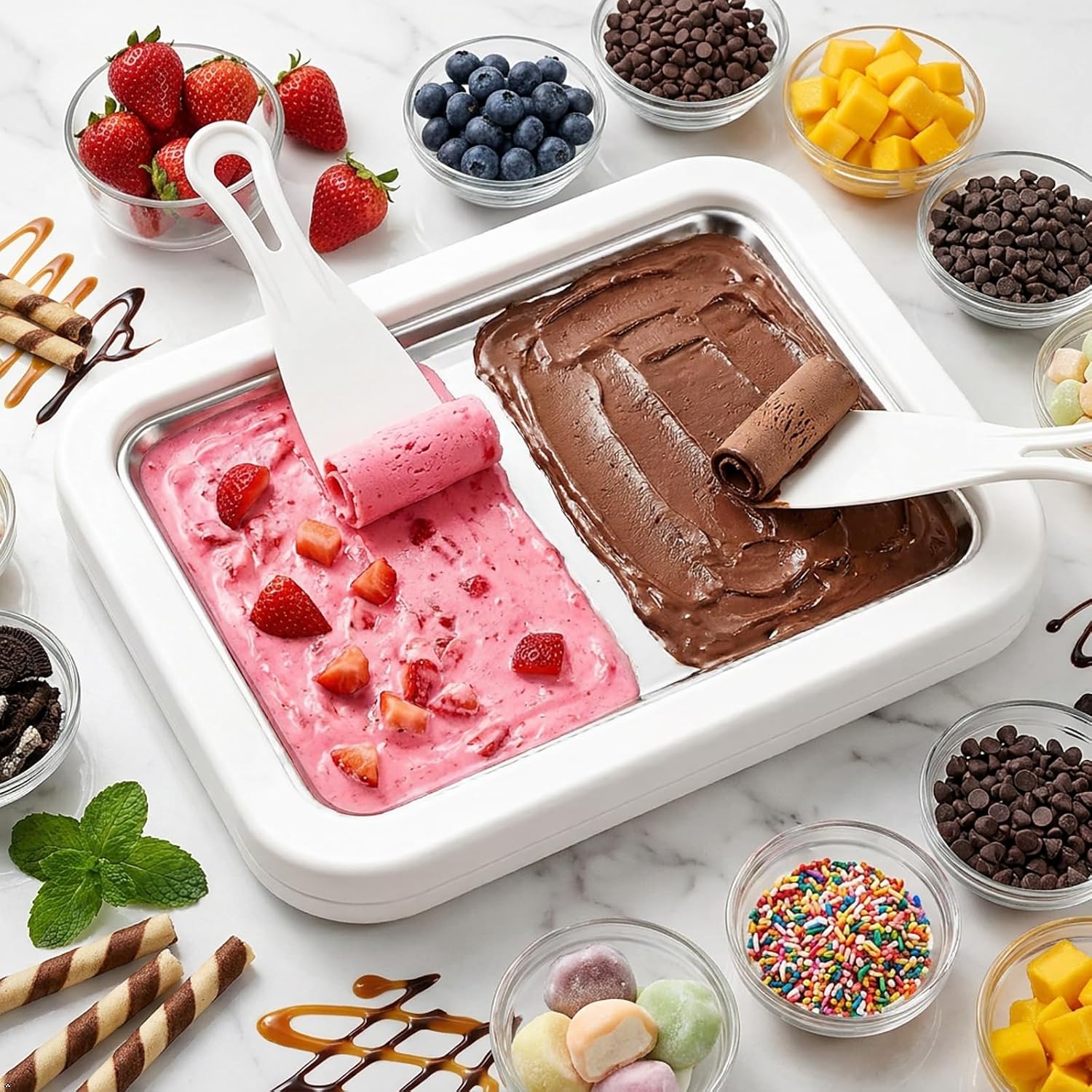 Rolled Ice Cream Maker, Instant Freeze Cold Plate with 2 Scrapers, Stainless Steel DIY Homemade Tray for Frozen Yogurt Gelato Sorbet Smoothies, Ideal for At-Home Family Activities (White)