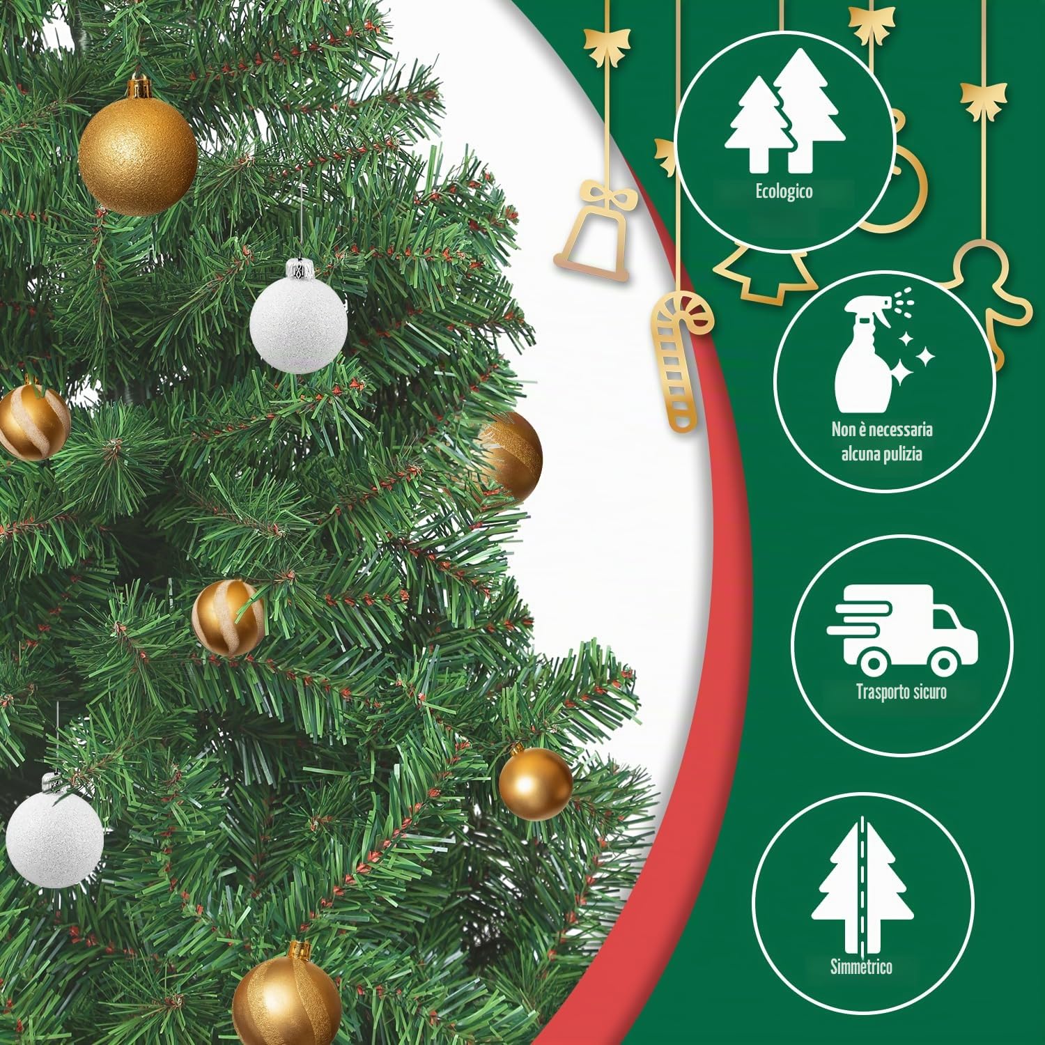 Albero di Natale artificiale, 180 cm, in plastica, con 650 punte, pieghevole, resistente al fuoco, in metallo, con robusto supporto per albero di Natale, colore verde