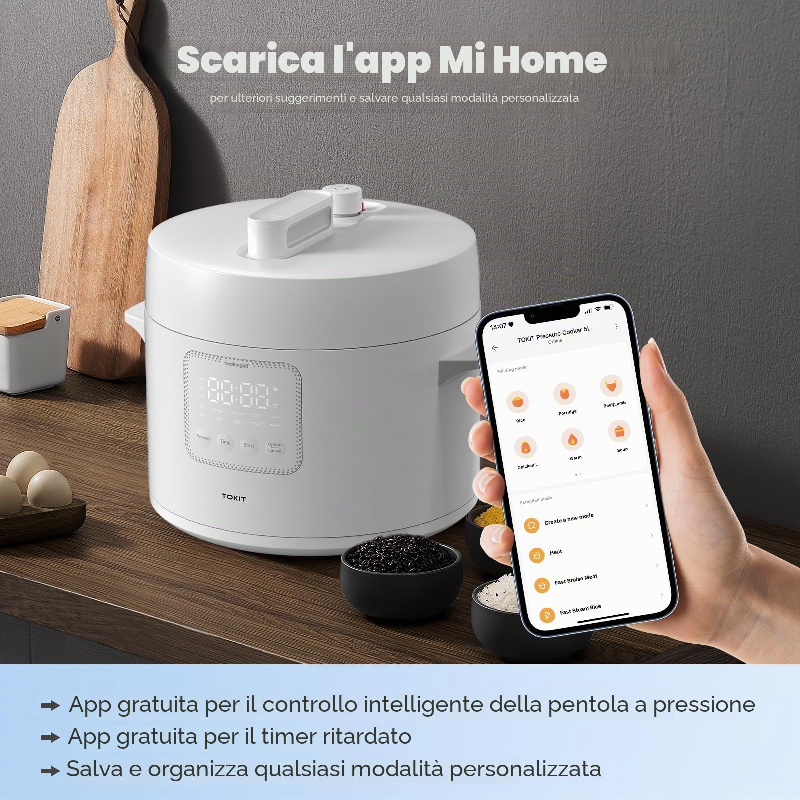 TOKIT Pressure Cooker - Pentola A Pressione Da 5 L, Con 14 Programmi Di Cottura, Per Yogurt, Con Rivestimento Antiaderente Mihome Smart Control