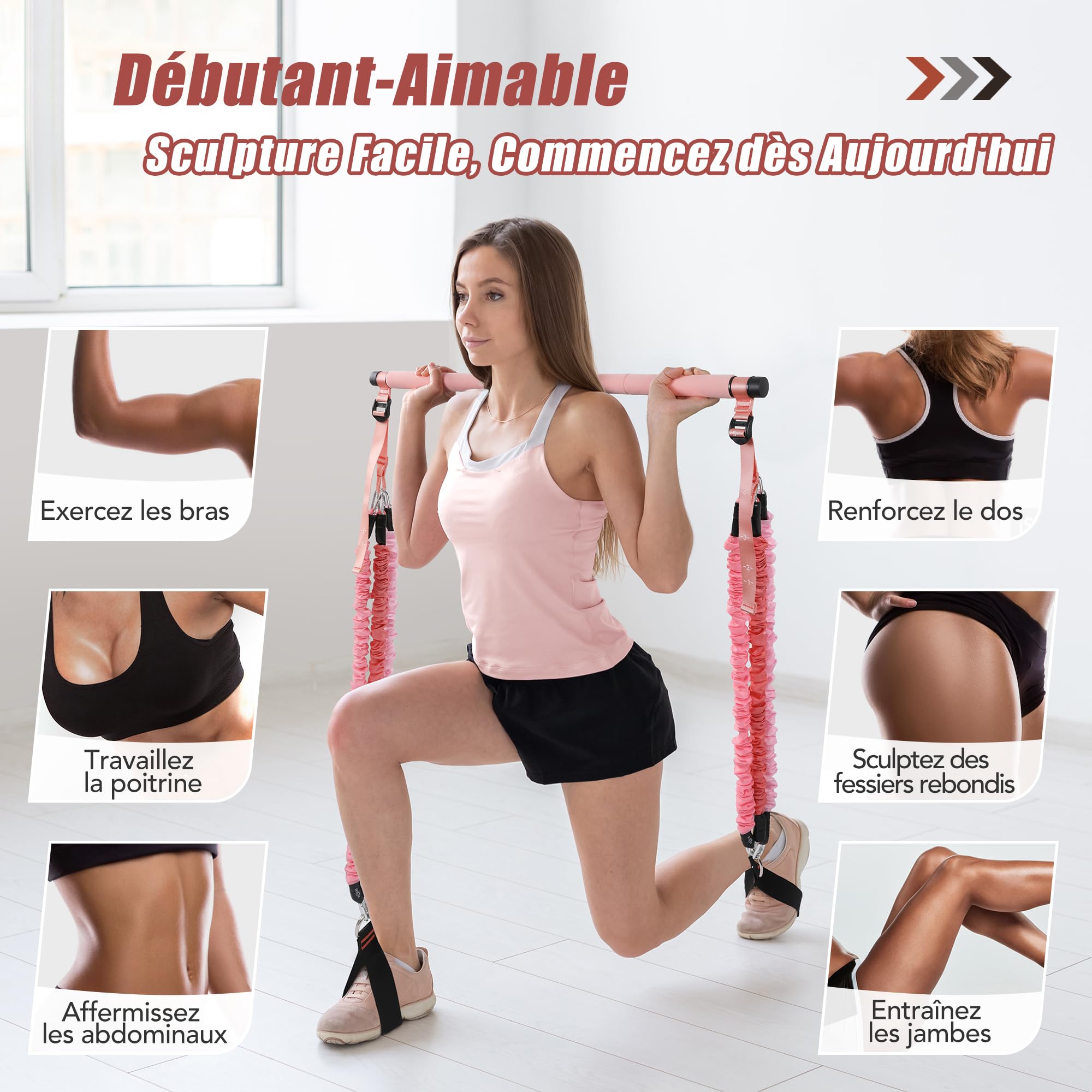 ALongSong Elastiques de Musculation Barre de Pilates avec 6 Bandes de Résistance Élastique 180LBS ou 240LBS Ancrage de Porte Réglable Amovible pour Sport Maison Fitness Yoga Étirement Squat
