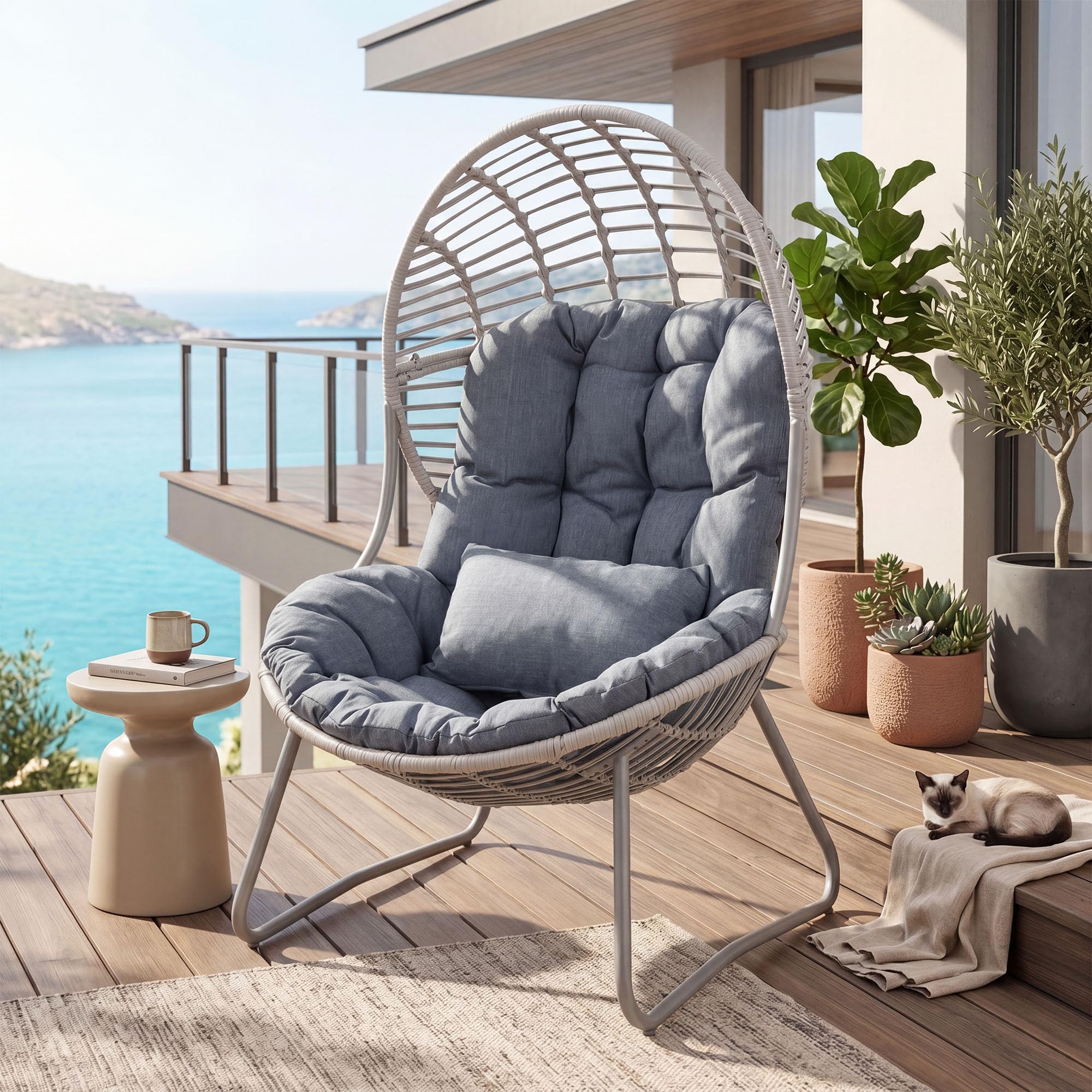 GIANTEX Poltrona da Giardino in PE Rattan, Sedia a Uovo Imbottita
