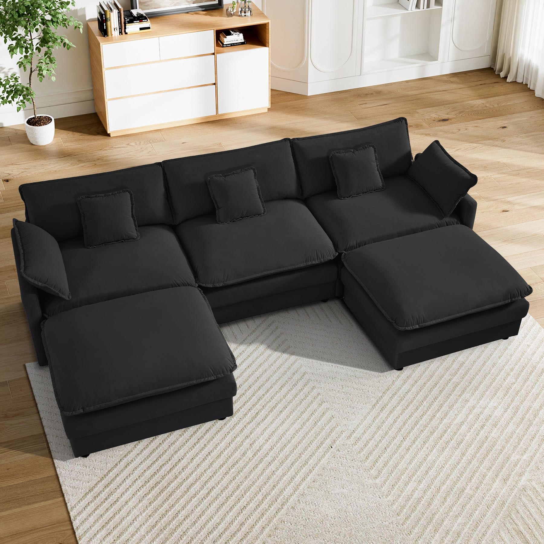Nolohoo Cloud Couch Sectional Modular Sofa,114.4" Comfy Black Sectional Couches for Living Room, Upholstered U Shape 3 Seat Deep Cloud Sofa with