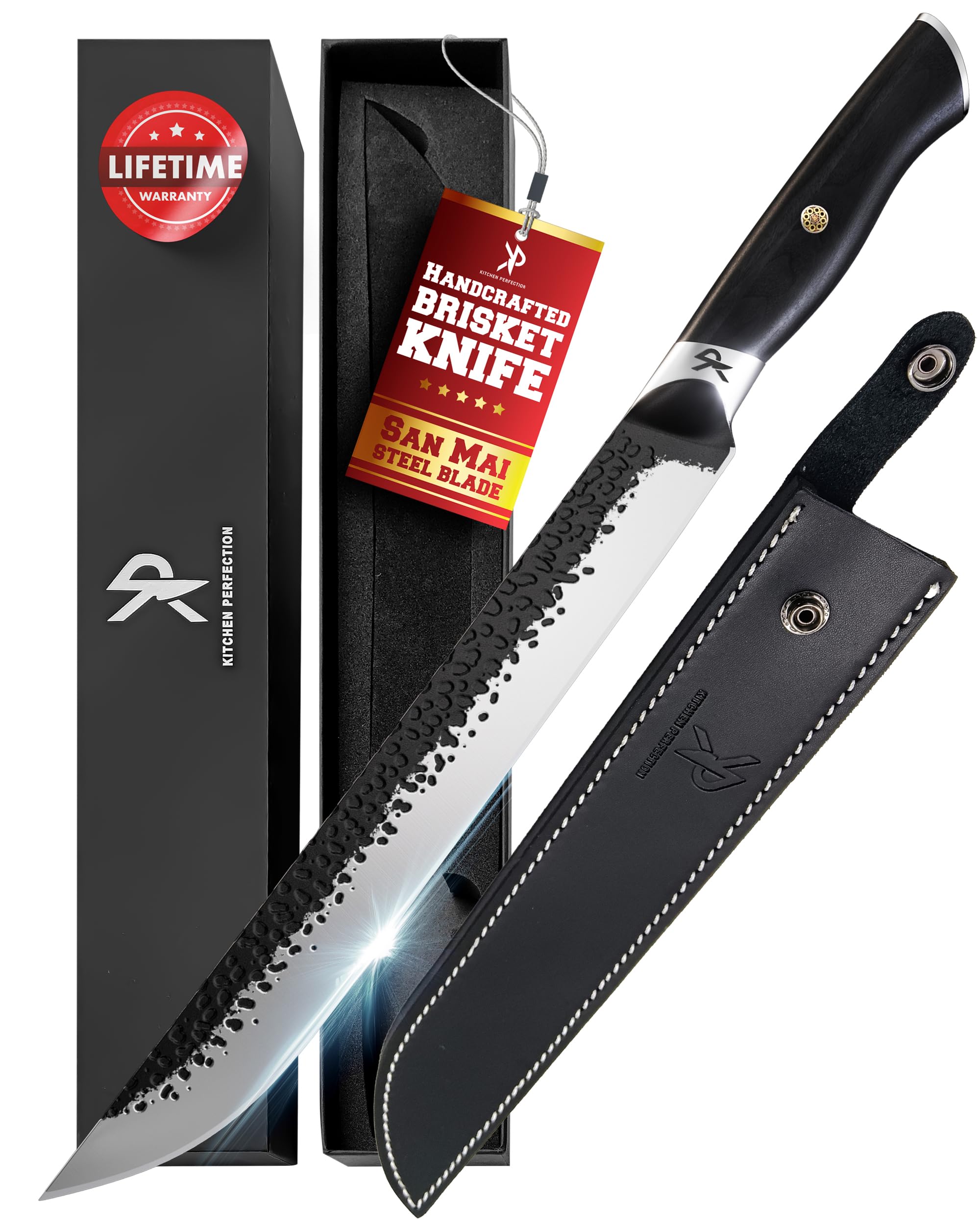 Kitchen perfection 12" Handmade Brisket Knife, Meat Cutting Carving & Slicing BBQ Knife For Men – Insanely Sharp San Mai Steel, W/Leather Sheath