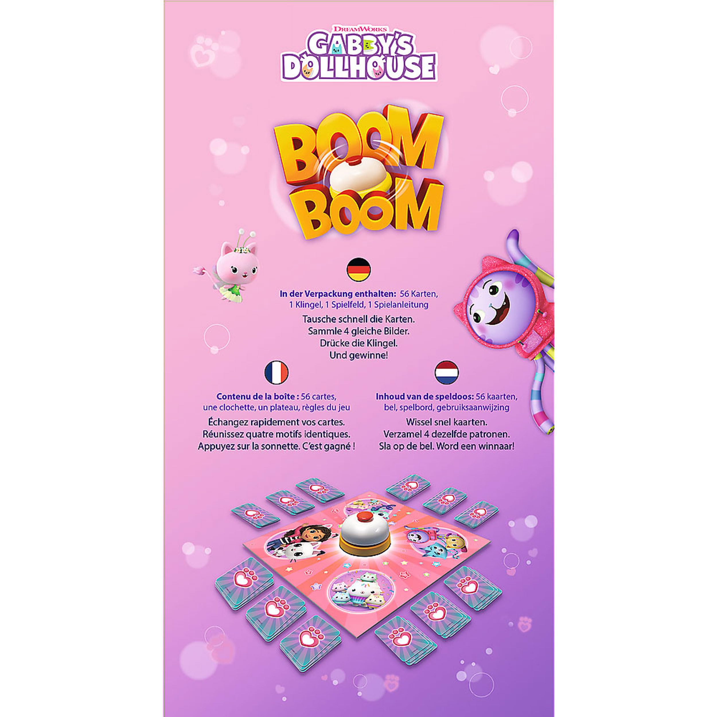 Trefl - Boom Boom, Gabby's Dollhouse - Gioco dinamico di famiglia, gioco folle con campana, divertimento per tutta la famiglia, gioco di carte con gli eroi fiaba Gabbi, per bambini dai 6
