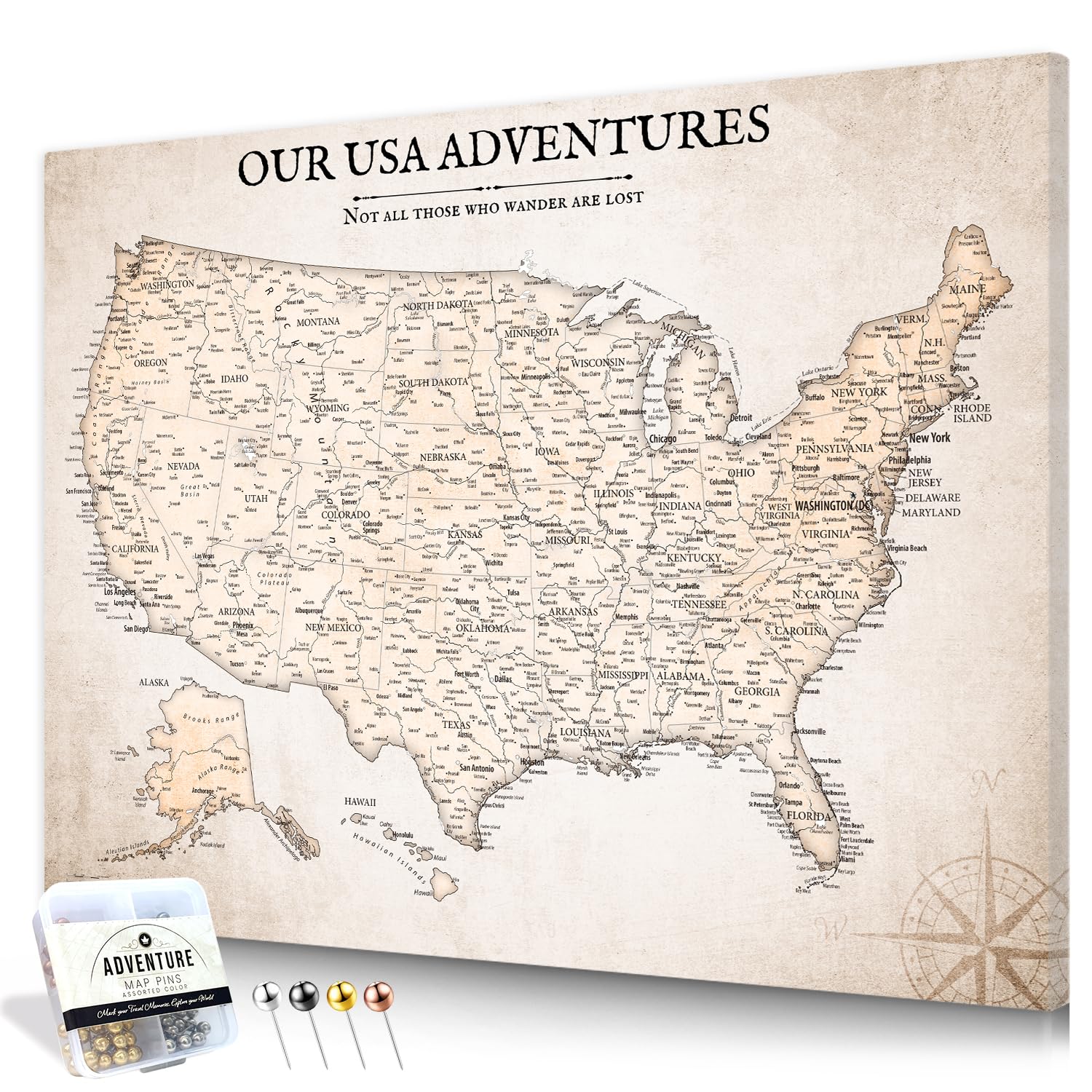 IPIC Vintage US Travel Map with Pins, Push Pin Travel Map USA, Size40x30 in