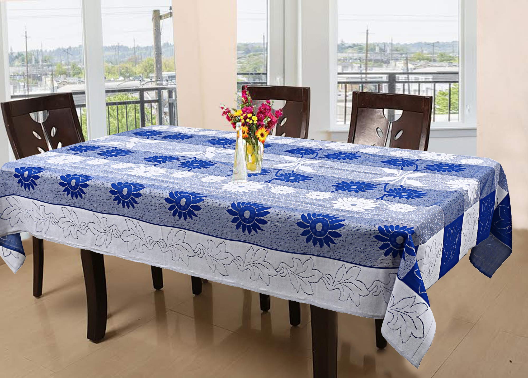 Kuber Industries Floral Cotton 6 Seater Dining Table Cover - Blue, 6 Seater (60 * 90 inches) (CTKTC05159)