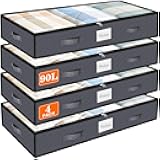 SpaceWhisper 90L Under Bed Storage Containers, 4-Pack Storage Bins with Clear Top, Foldable Closet Organizers and Storage with Label Holder for Clothing, Blankets, Comforter & Pillows (Grey)
