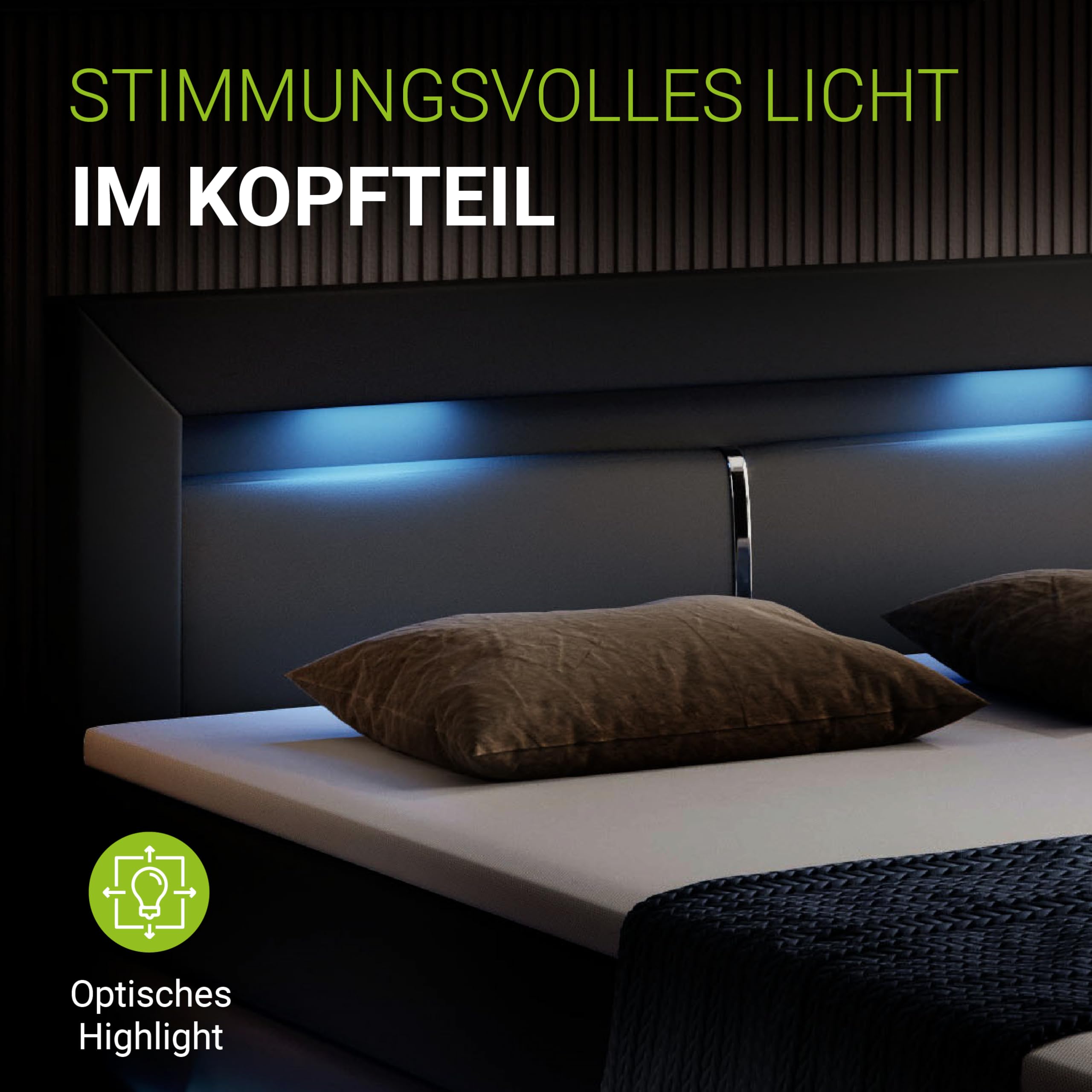 Juskys Boxspringbett Norfolk 200x200 cm - LED Beleuchtung, Bonell Matratze & Topper - 66 cm Komforthöhe - schwarz - Bett Doppelbett Polsterbett