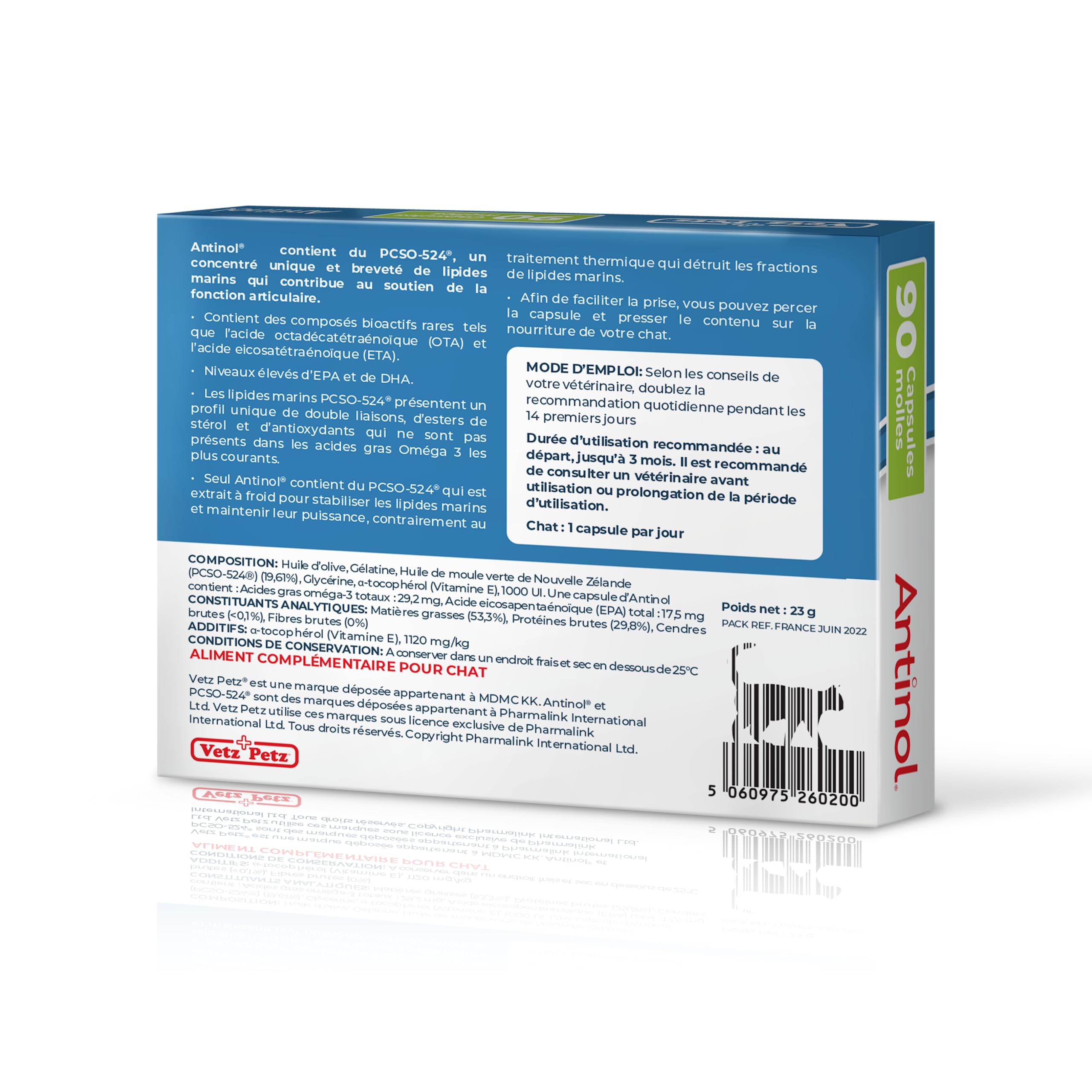 Antinol - Complément Naturel des Chats Adultes - cliniquement prouvé - soutient la mobilité des articulations et la santé de la Peau - avec des moules à lèvres Vertes, oméga 3 & VIT E - 90 Capsules