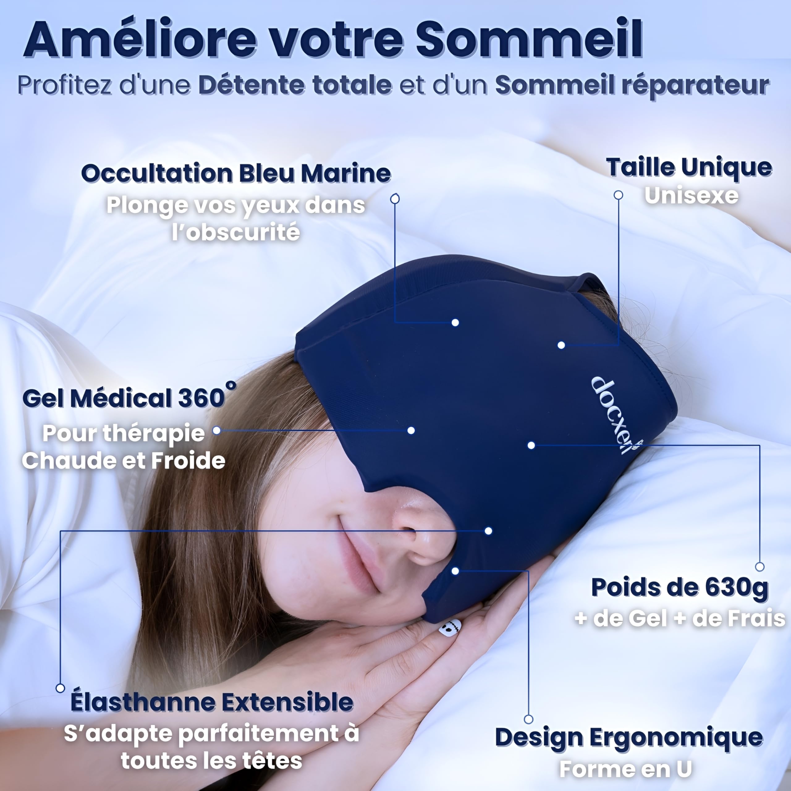 Masque Migraine Froid 360° - Bonnet Anti Migraine ✮GARANTIE À VIE✮ Bonnet Migraine Froid en Gel + Guide Essentiel + Housse Pratique - Masque Anti Migraine, Céphalées, Maux de tête, Stress