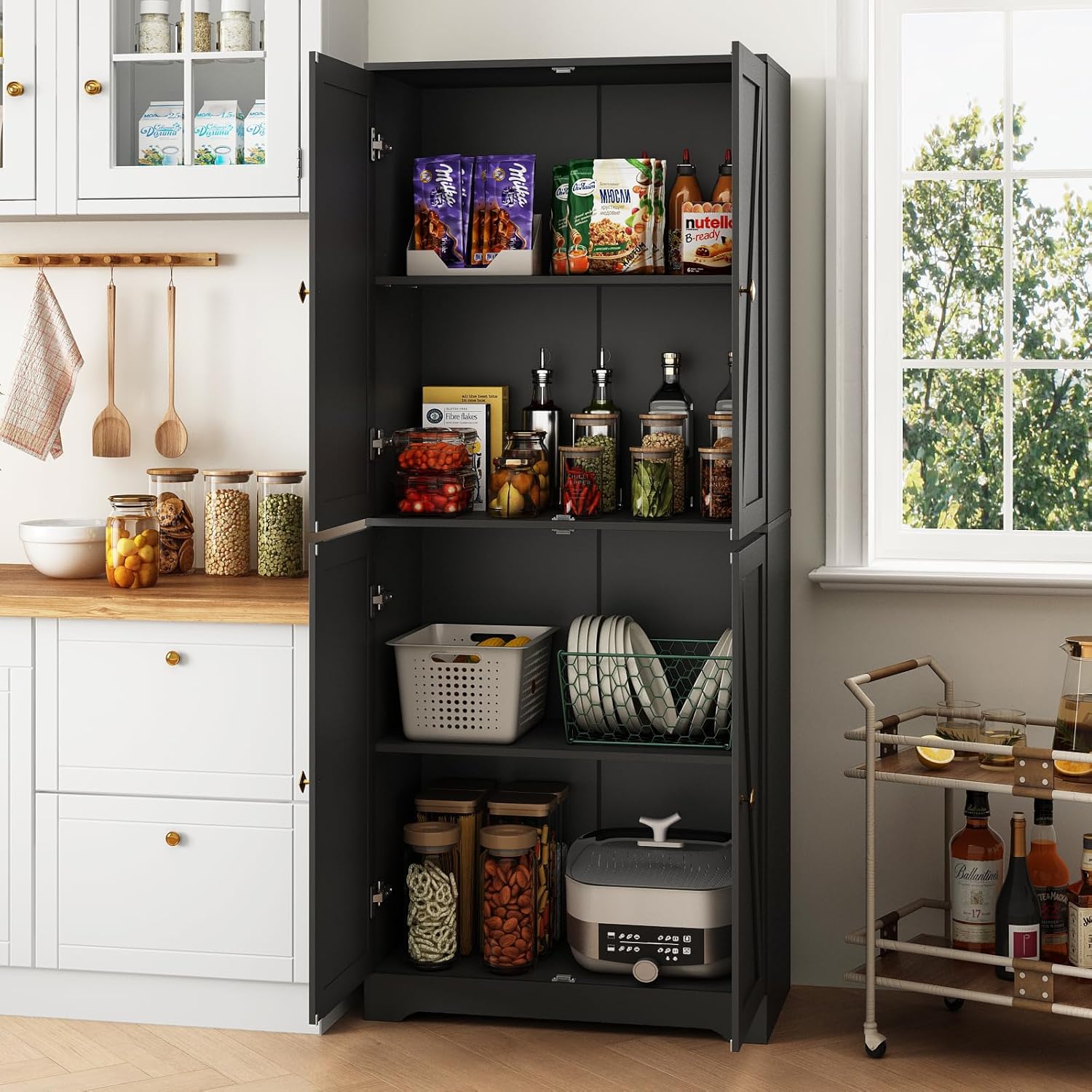 CARPETNAL 72" Tall Black Pantry Cabinet with Adjustable Shelves, Farmhouse Wooden Storage Cabinet with 4 Barn Doors & Square Knobs, Freestanding Kitchen Pantry for Dining Room, Living Room, Black