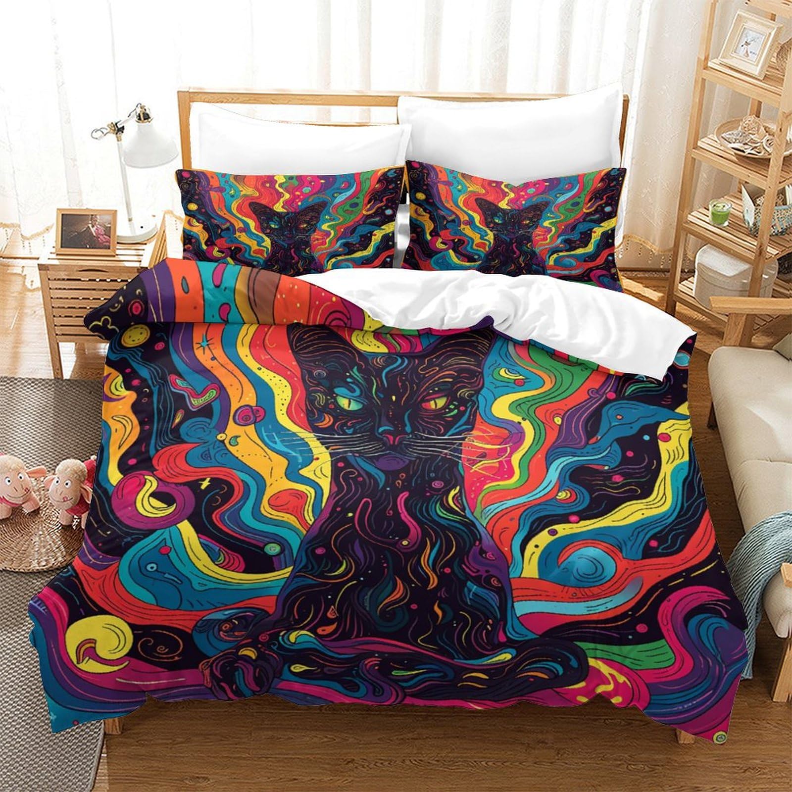 Housses de couettes chat 3D microfbre 260x220 cm avec taies pour lit super king size