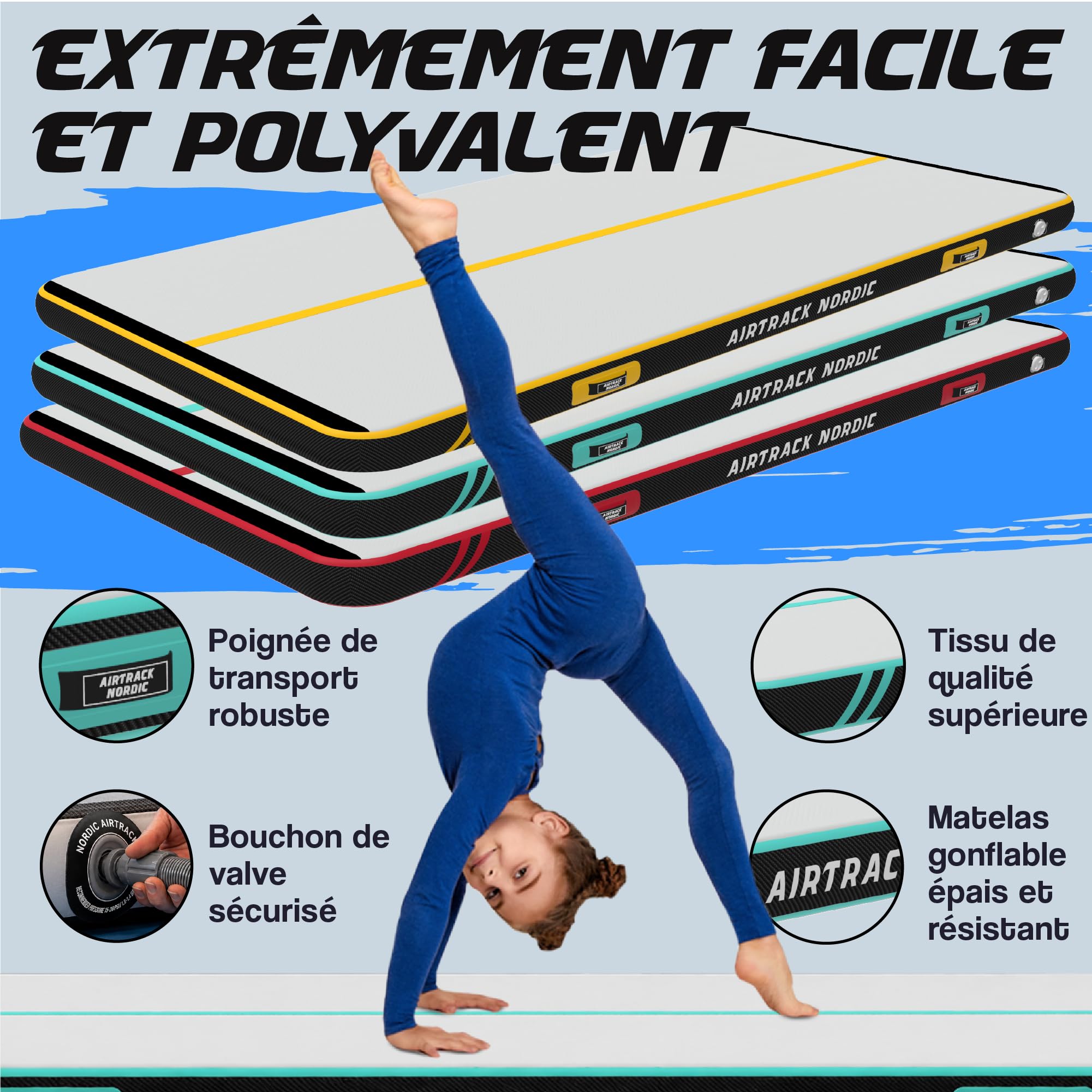 AirTrack Nordic Carbon Air Track 3m/4m/5m/6m/8m avec pompe à air électrique, Tapis de gym gonflable - 1,5 m de large et 15 cm d'épaisseur – Durable et facile à transporter Tapis de gymnastique