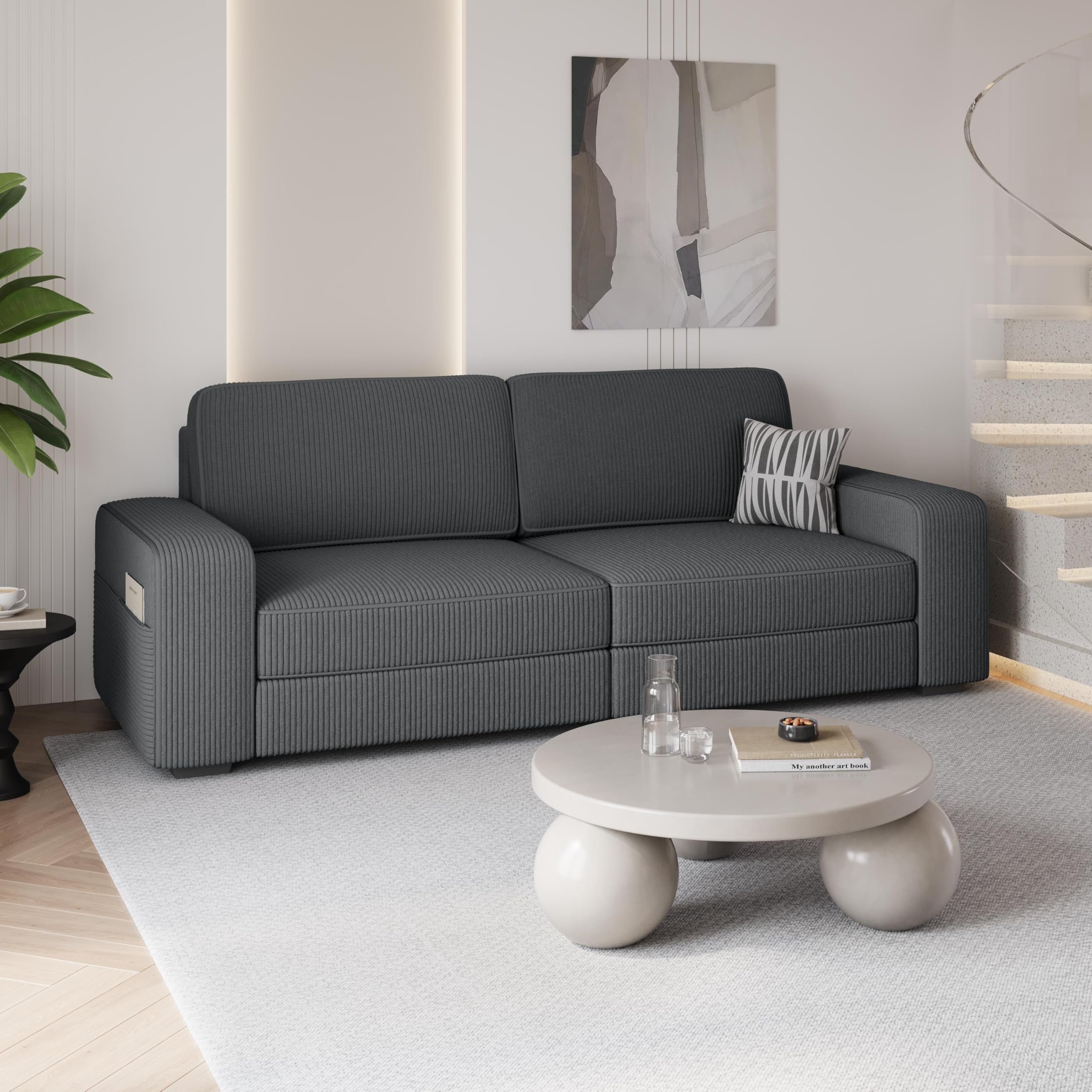 Yaheetech Divano a 2 Posti Divanetto Imbottito con Tasche Laterali | Sofa con Braccioli e Schienale per Salotto Soggiorno 212 × 81.5 × 83.5 cm Grigio/Velluto