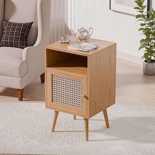 Miniatura 23 de Xilingol Moderna mesita de noche de ratán con estación de carga, mesa auxiliar bohemia con puerta decorada de ratán hecha a mano, mesita de noche de