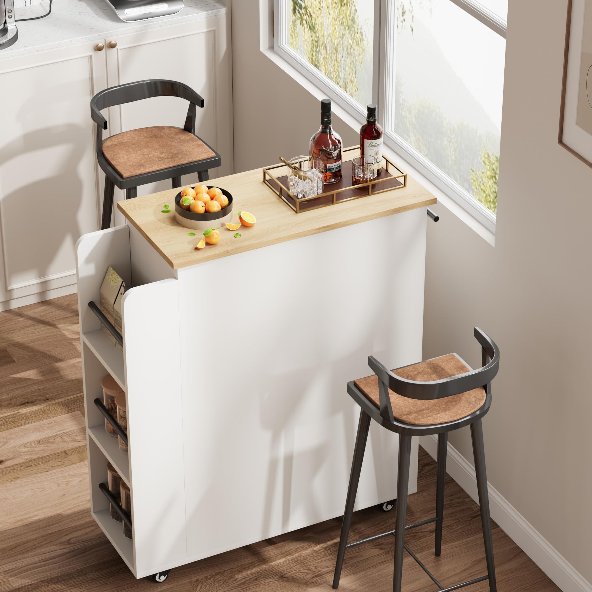 Garvee Kücheninsel mit Rollen, Küchenwagen & Servierwagen mit Glastüren, Schublade, Gewürzregal für Küche, Esszimmer & Flur, Weiß, 74 x 38 x 78,5 cm