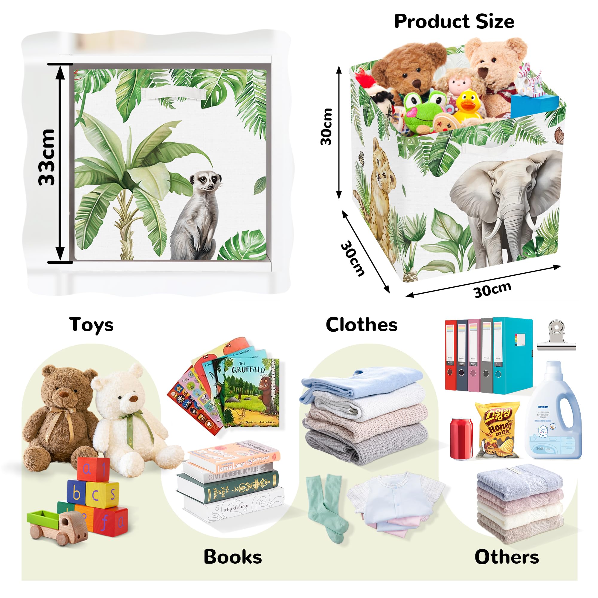 Clastyle Set van 3 Opbergdozen Jungledieren Opbergkubussen voor Kast Tropisch Bladeren Palmen Giraf Kleding Mand voor Kinderen Speelgoedkist en Boeken voor Kinderkamer,Leeuw,30x30x30 cm