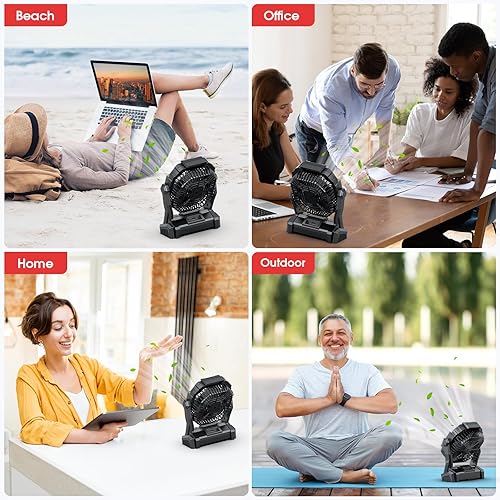 Vista 7 de ONLYNEW Ventilador portátil recargable, batería de 20000 mAh sin cable con linterna LED, batería operada por USB C para viajes, dormitorio, hogar