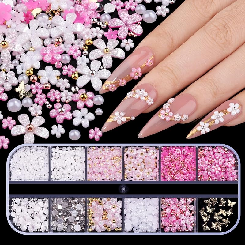 3D Glitter Flower Nail Art Charms, White Pink Rose Acrylic Cherry Blossom Spring Petal Metal Gold Silver Round Caviar Beads Studs Pearl Rhinestones for Manicure Craft DIY (9-K3-glitter)