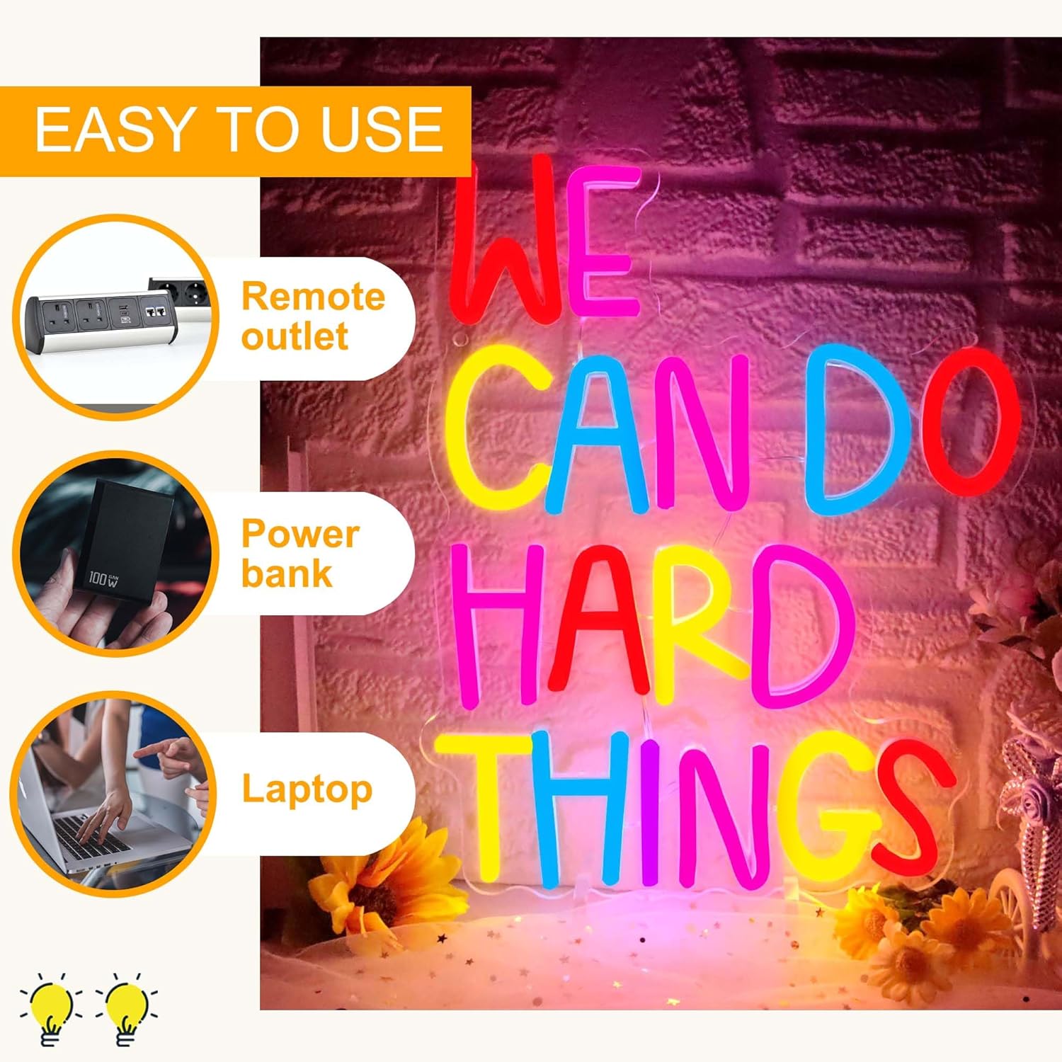 We Can Do Hard Things Neon Sign, Motivational Neon Light USB Dimmable LED Sign, for Inspirational Classroom Office Library Neon Light Kids Wall Art Bedroom Birthday Party Classroom Backdrop Sign