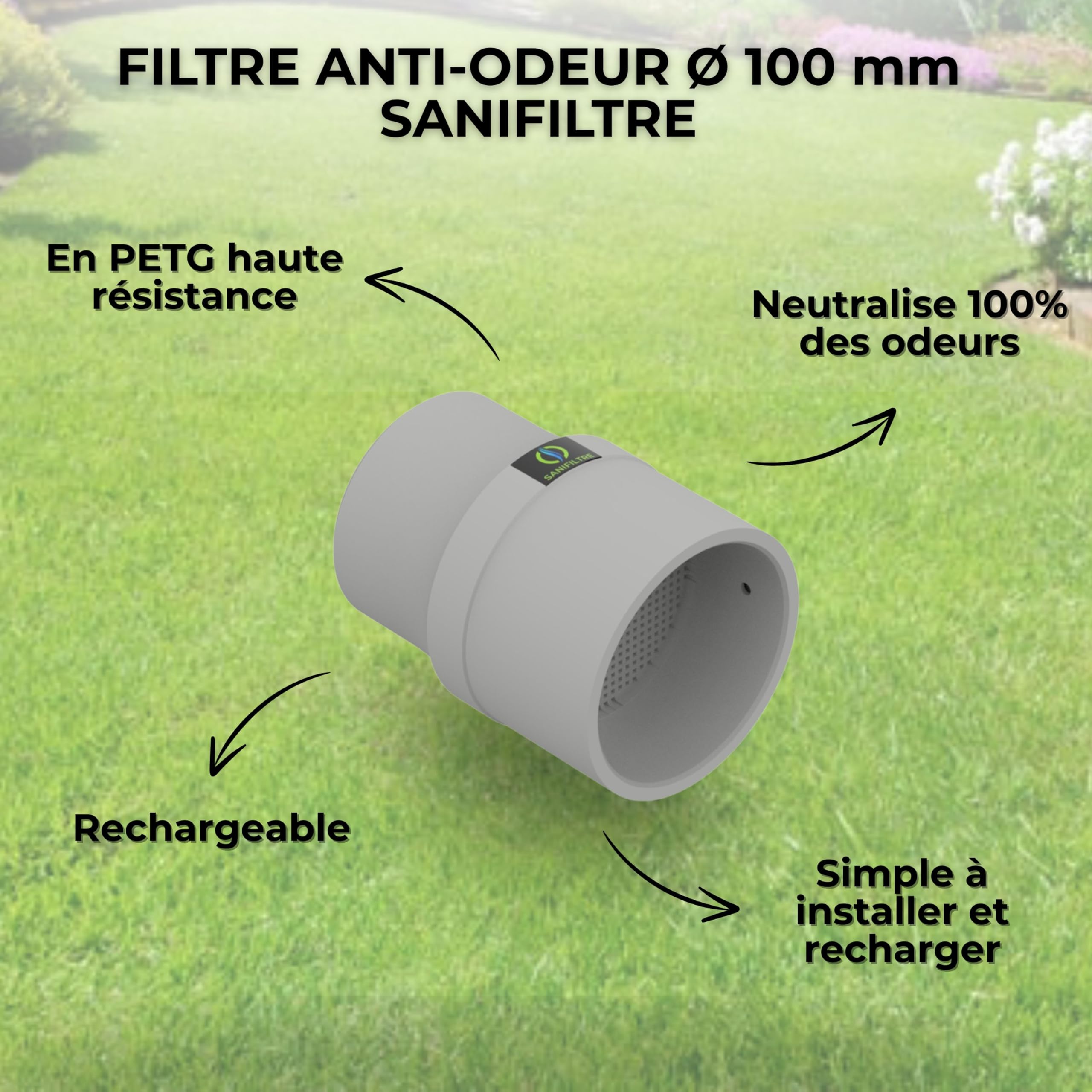 Filtre Anti-Odeurs Haute Performance au Charbon Actif Anti-H2S, avec Manchon Intégré 100 mm, Solution Cans Collage, pour Fosse Septique & Toutes Eaux, Rechargeable & Robuste – HYDRODIV