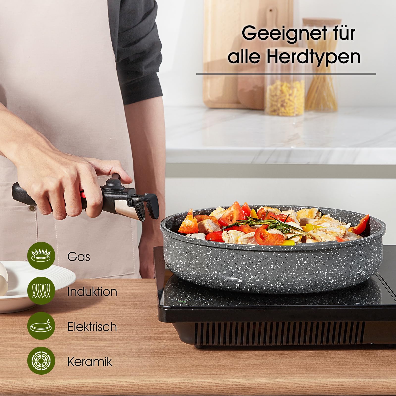 ROSSETTO 7-teilige Topfset Induktion mit abnehmbarem Griff und keramische Antihaftbeschichtung, stapelbar forged Aluminium Kochtopf Set mit Glasdeckel, Bratpfanne, Kasserolle