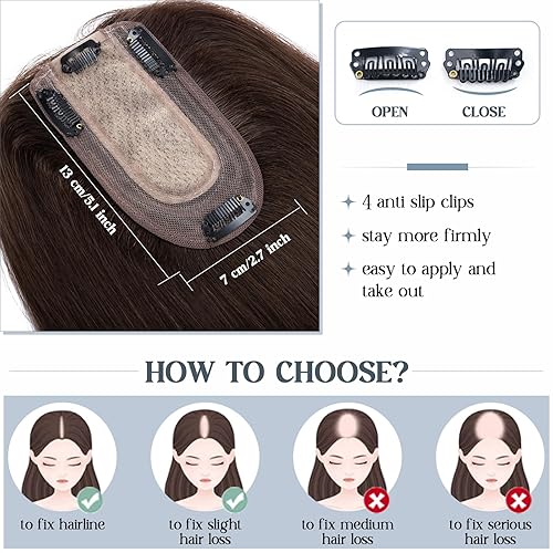 Miniatura 4 de Benehair Toppers de cabello humano para mujer, 100% cabello humano Remy, densidad del 150%, sin flequillo, 2.8 x 5.1 in, base de seda, piezas de