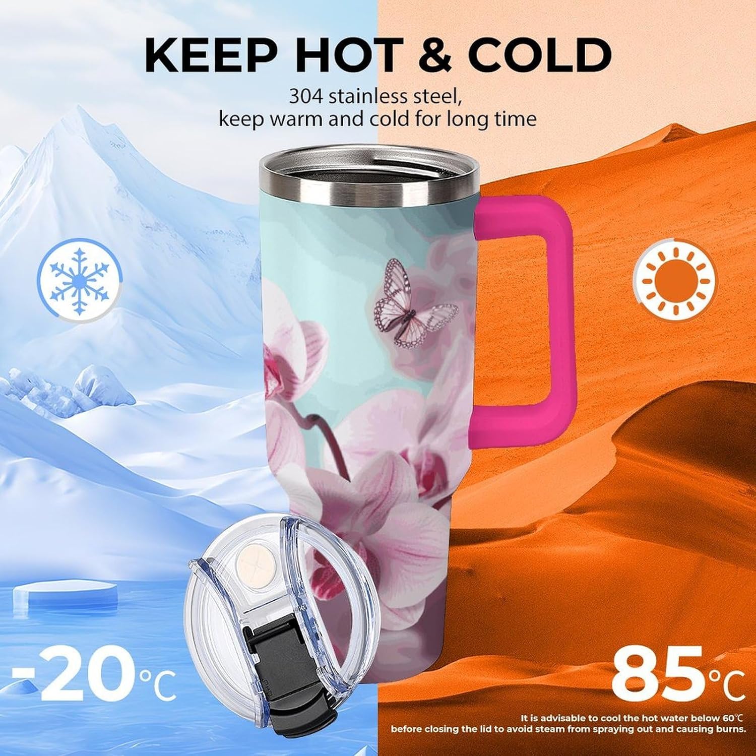 40 Oz Insulated Mug with Handle, Stainless Steel Orchid Flower Butterfly Soft Fresh Spring Printed Travel Mug Portable Leak-proof Large Car Mug for Home, Office Or Car