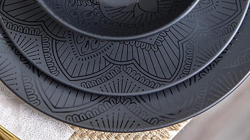 Miniatura 8 de bzyoo Juego de vajilla de melamina negra de 12 piezas, duradero, apto para lavavajillas, platos y cuencos negros, ideal para fiestas, juego de