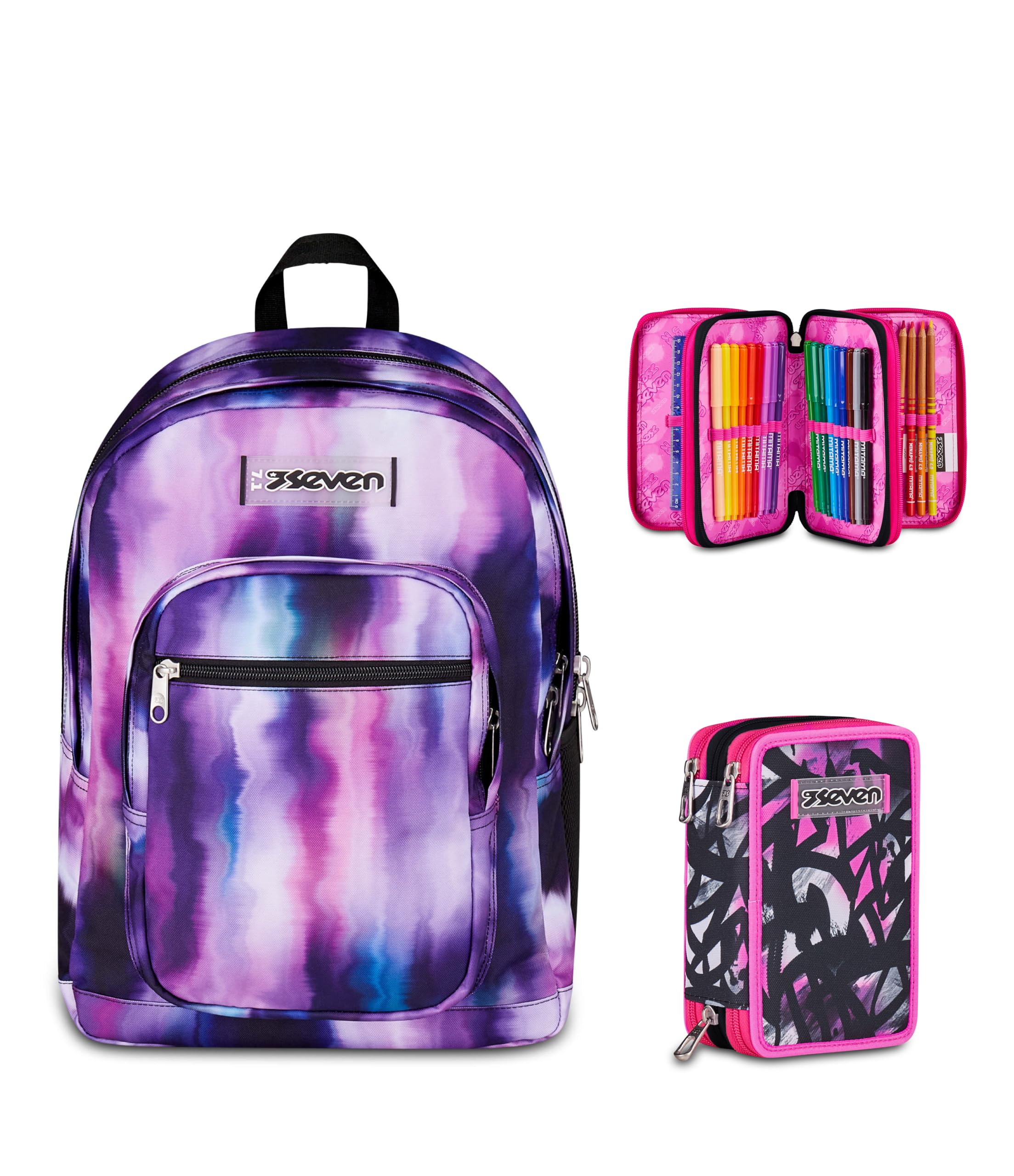 Seven Zaino Scuola FREETHINK, Doppio Scomparto, Viola, 34 L + Astuccio 3 Zip, Completo di Matite e colori, Elementari, Medie, Bambine, Ragazze fucsia/nero