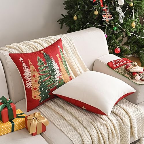 Miniatura 5 de FUTEI Juego de 2 fundas de almohada decorativas para árbol de Navidad de 18 x 18 pulgadas, fundas de cojín de lino rojo navideño, almohadas de