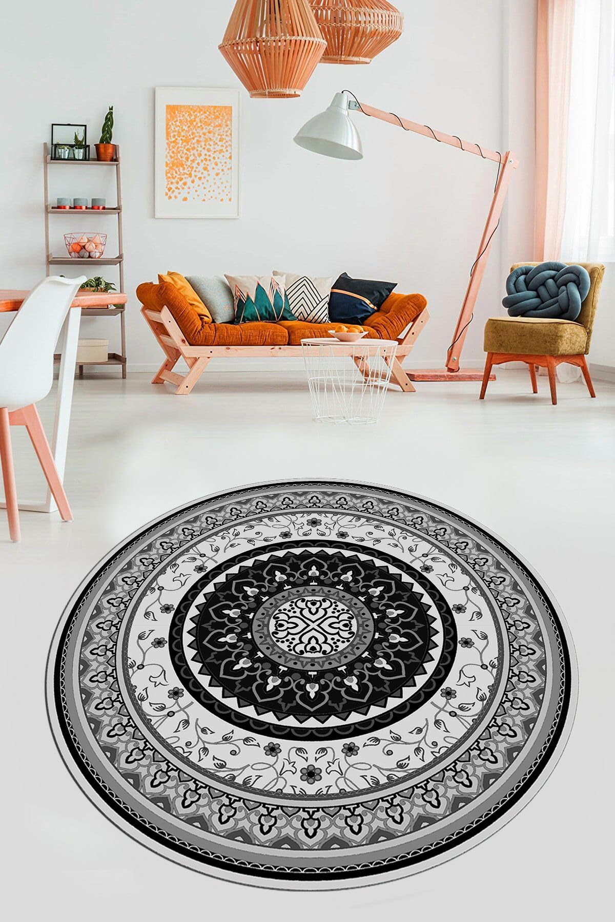 Evdeya Göbekli Klasik Dijital Kaymaz Taban Yıkanabilir Yuvarlak Mutfak Salon Halısı Y-KLASİK-18, Gri, 60 x 60