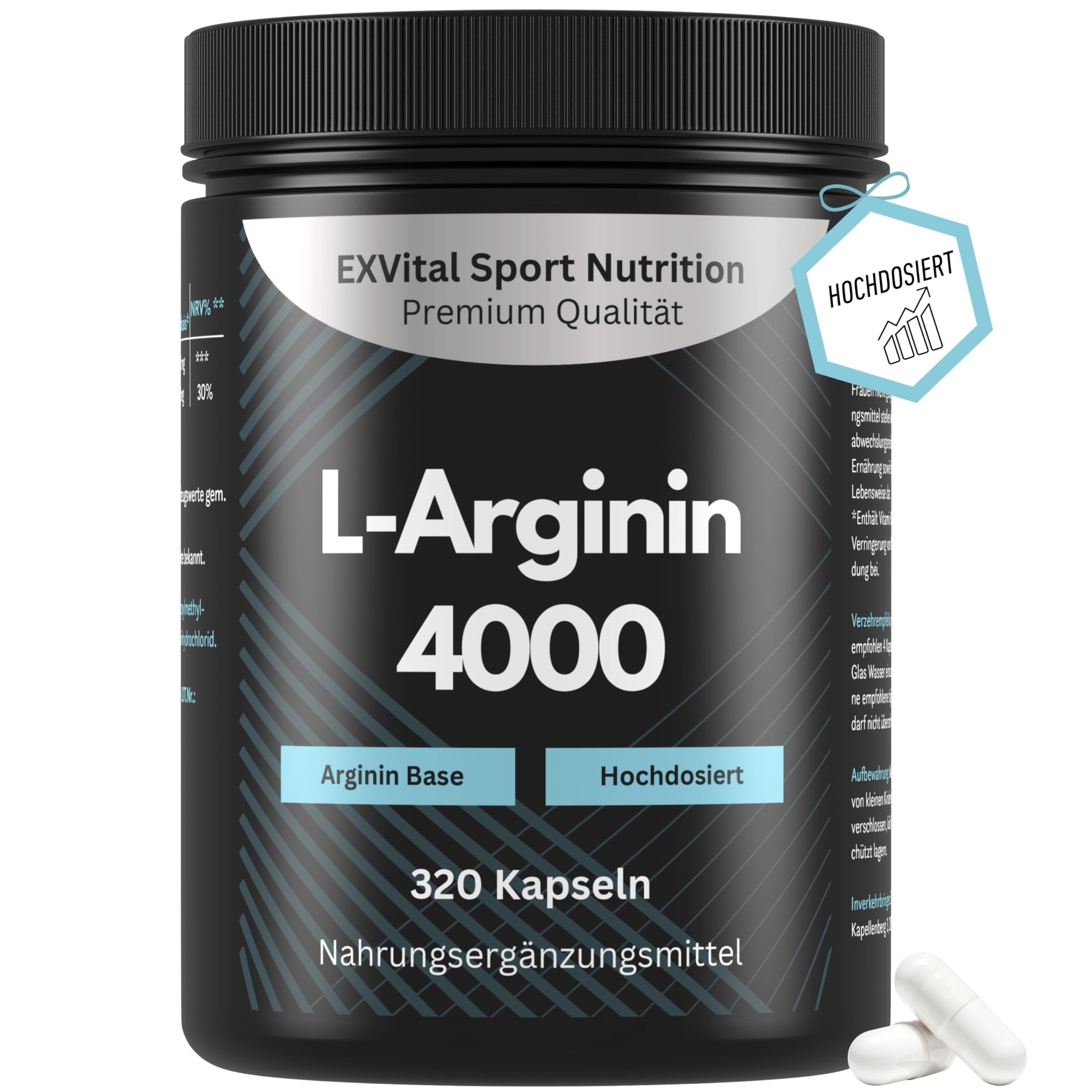 EXVital L-Arginin 4000 hochdosiert, 320 Kapseln in deutscher Premiumqualität, 2-3 Monatskur, semi-essentielle Aminosäuren. ApoTest: "Sehr gut"